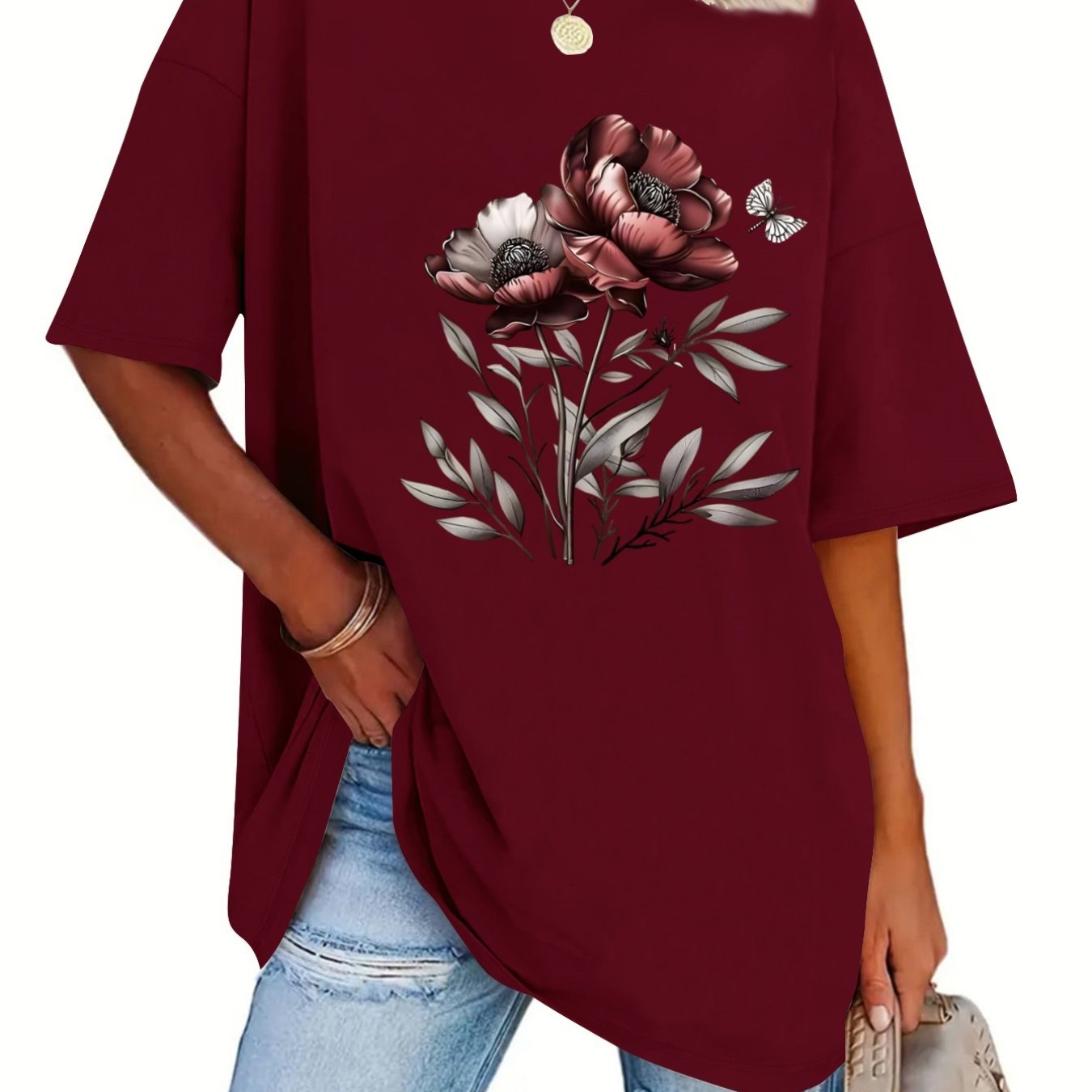 TEMU Plus Size, Spring/summer Short-sleeve T-shirt For Plus-size Women, Featuring An Elegant Autumn Floral And Print That Elegantly The Garment. A