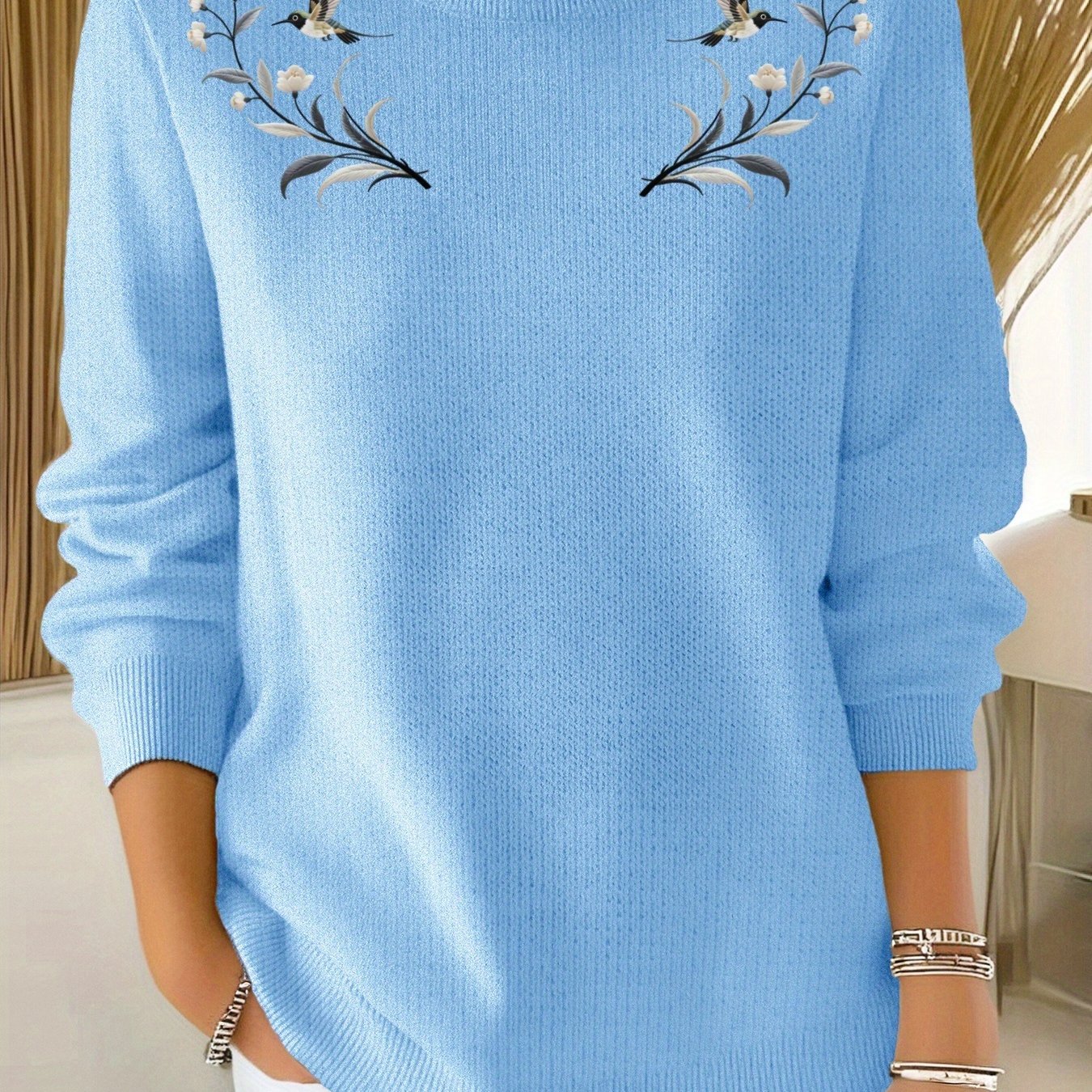 TEMU This Women's Commuting Sweater Features A Versatile 2d Printed Faux Design, Made From A Soft And Slightly Stretchy Fabric, With A Floral Pattern