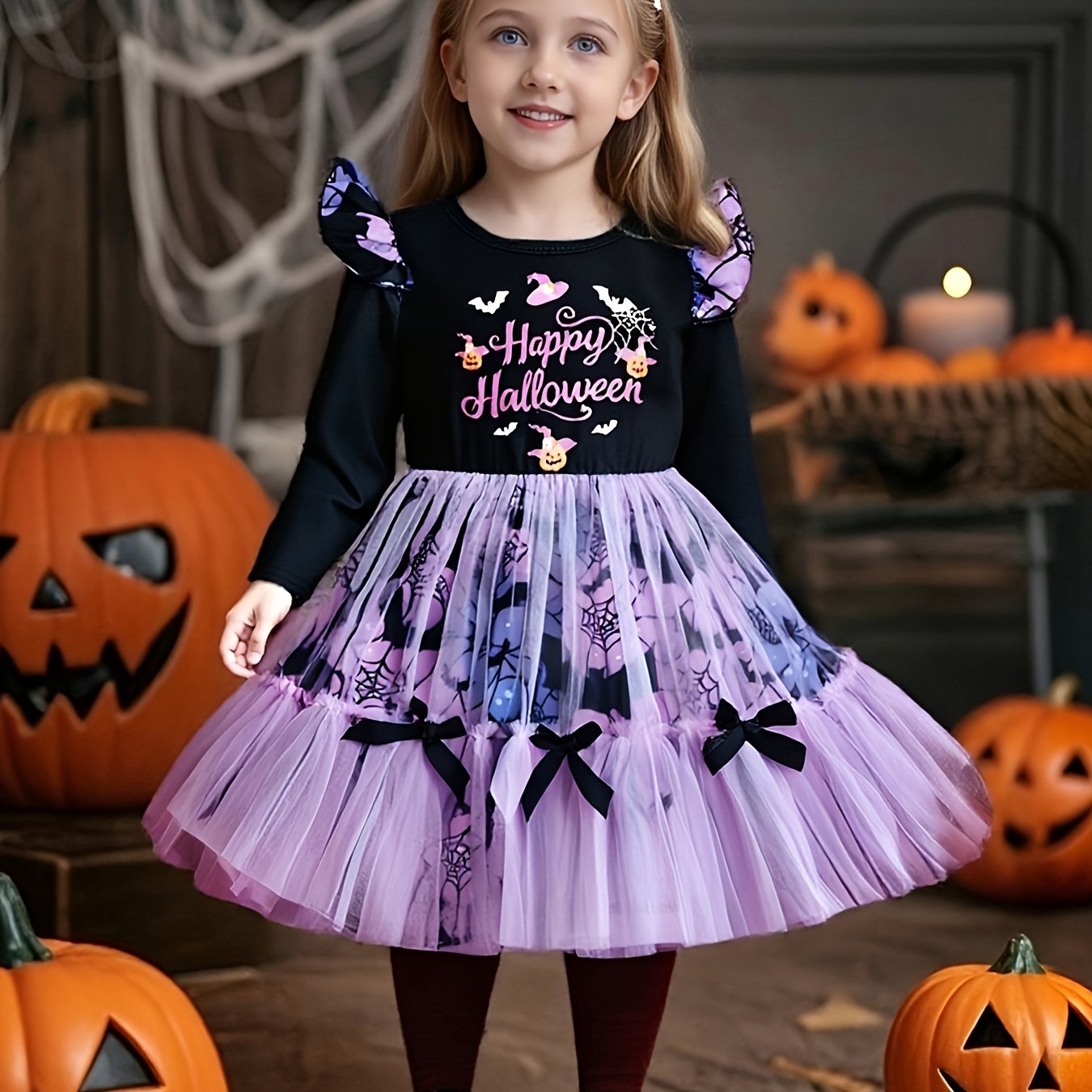 Image of Girls' Christmas Halloween Tulle Skirt Dress Letter Santa Pumpkin Lantern Print Small Flutter Sleeves Bat Full Print Tulle Skirt Bow Holiday Dress Dress