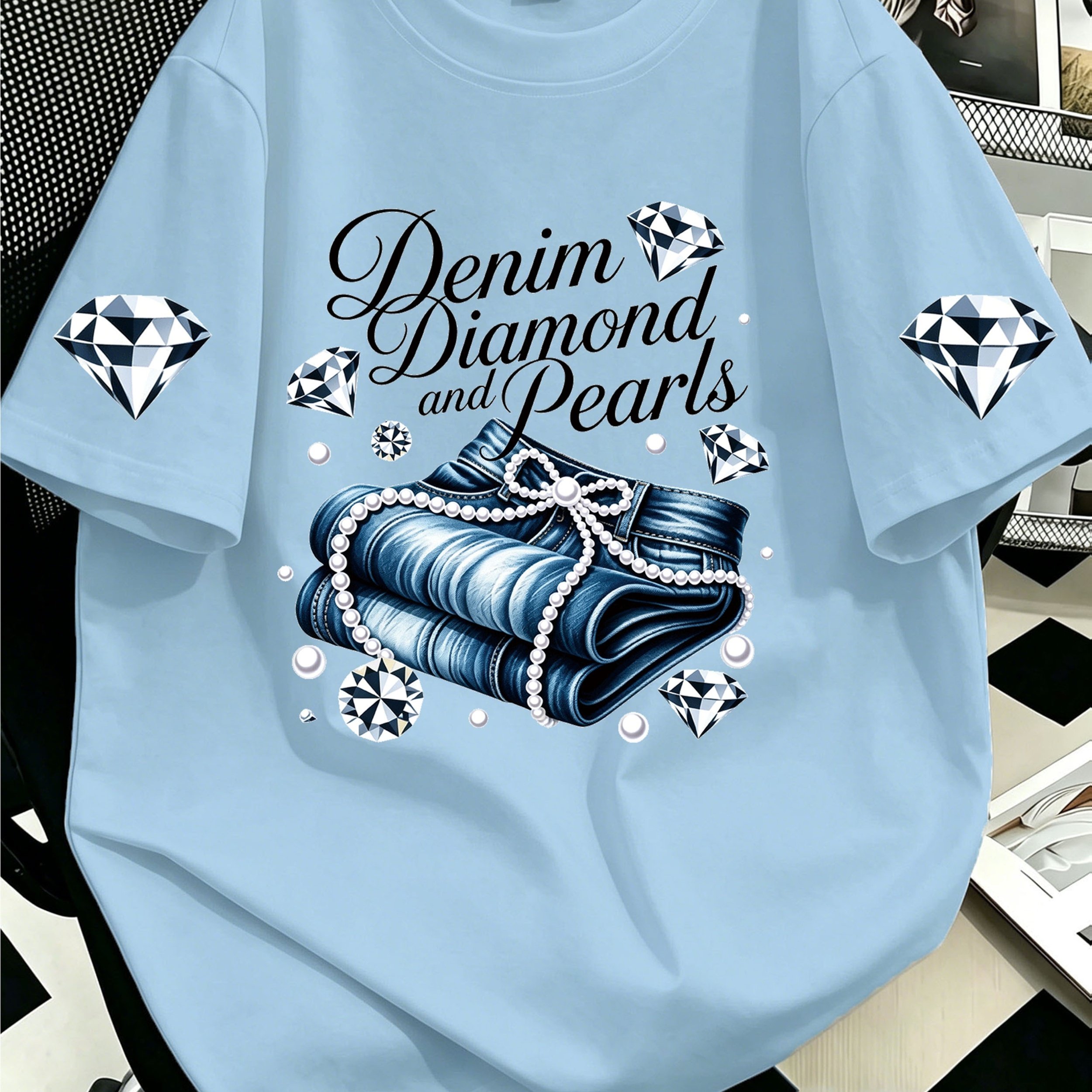 TEMU Plus Size Women's Denim Diamond And Pearl Pattern Printed T-shirt, Fashionable Office Casual Top, Soft And Skin-friendly T-shirt, Round Neck,