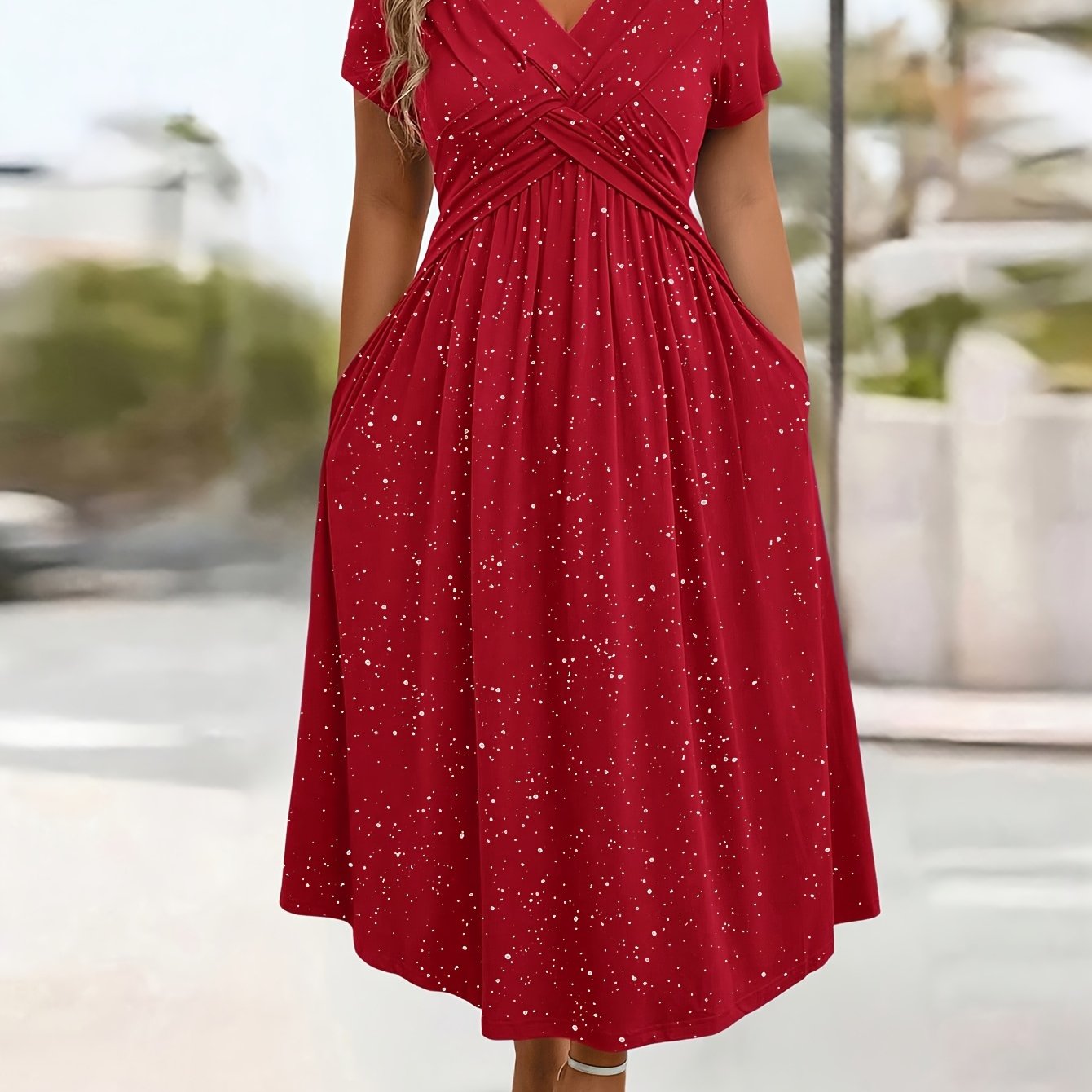 TEMU Plus Size - Plus Size - Women's Plus Size Elegant Style Shimmering Tulle Knot Detail Pocket V-neck Dress