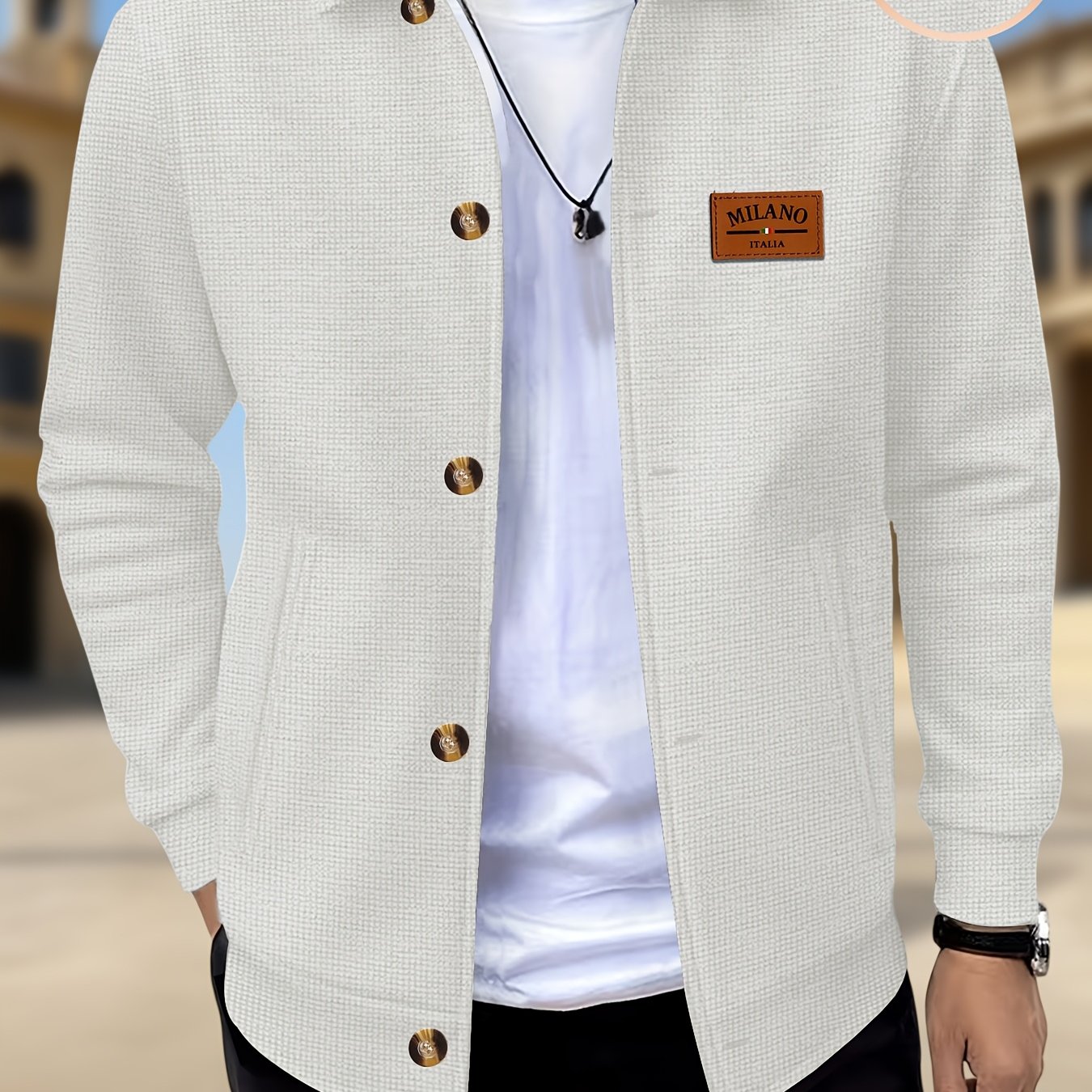 TEMU [ Obm] Men's Lapel Waffle Check Casual Jacket, Light Mature Single Button Closure With Chest Label Decoration, Comfortable Fabric, Office
