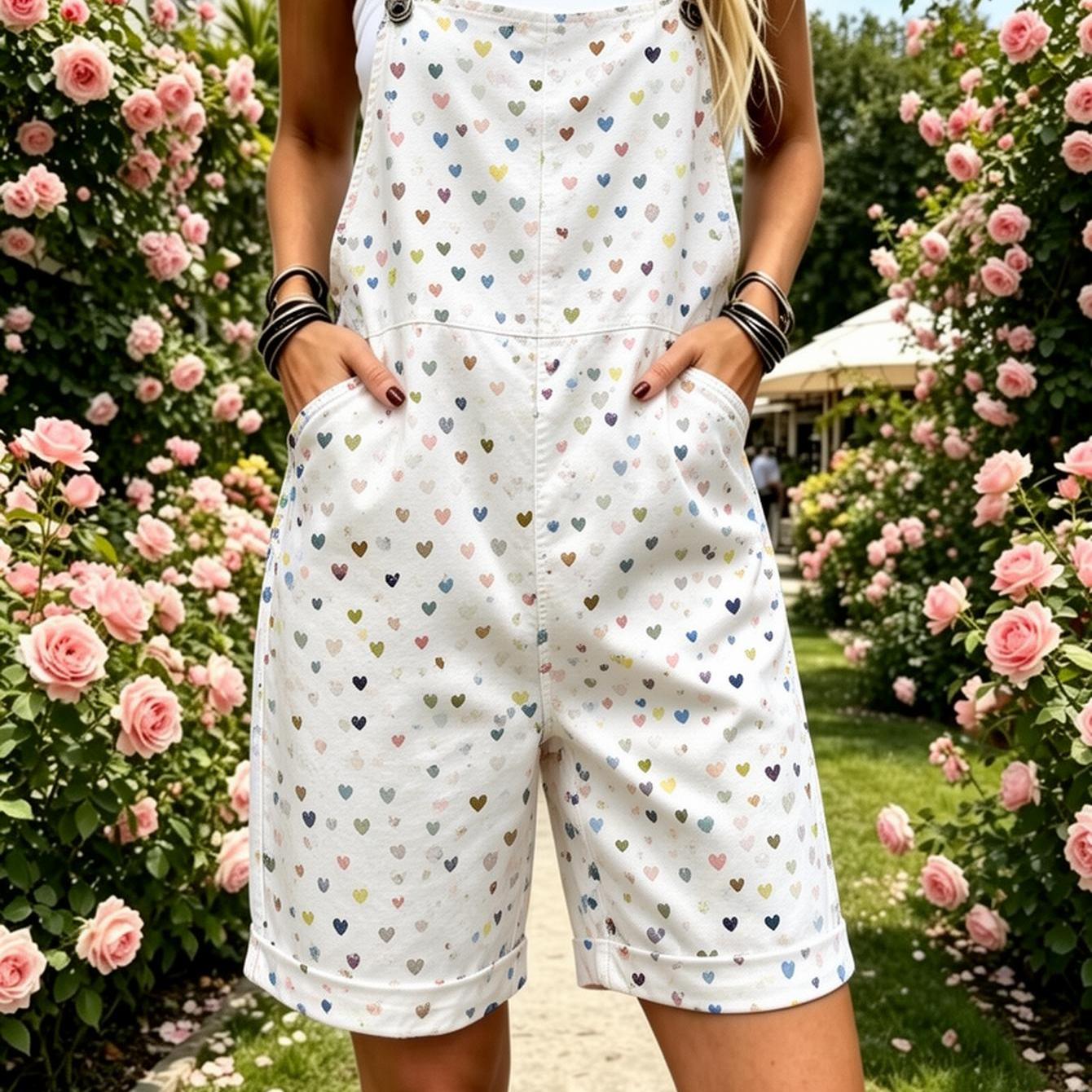 Image of Plus Size, Women's Full Printed Overalls Jumpsuit Print Overalls Shorts Women Summer Casual Romper Outfit Print Romper With Pockets, Suitable For Spring Summer Fall, Machine Washable Casual Outfit