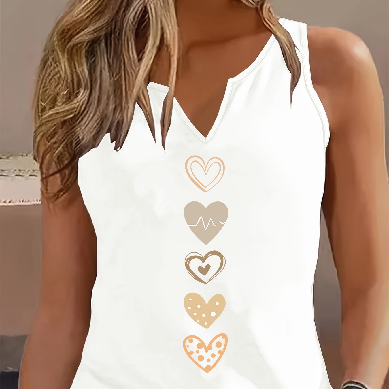 TEMU (052#) Women's Fashion Fresh Camisole, V-neck Heart Print Sleeveless Tank Top, Casual Comfortable All-match Inner And Outer Wear Women's Top