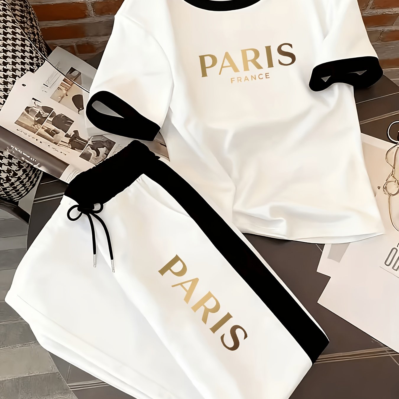 TEMU Estilo Romántico Francés: PARIS FRANCE Paris Set Ropa Casual para Mujer, Conjunto de Dos Piezas, Camiseta y Pantalones de Chándal, Conjunto para