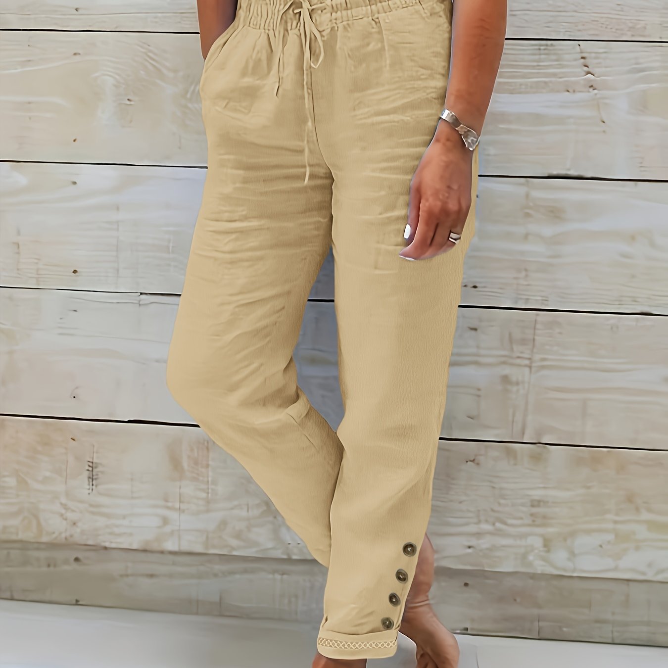 TEMU Women's Casual Straight-leg Pants With Decorative Buttons & Drawstring Waist - Solid Color Non-stretch Fabric, Machine Washable Trousers For