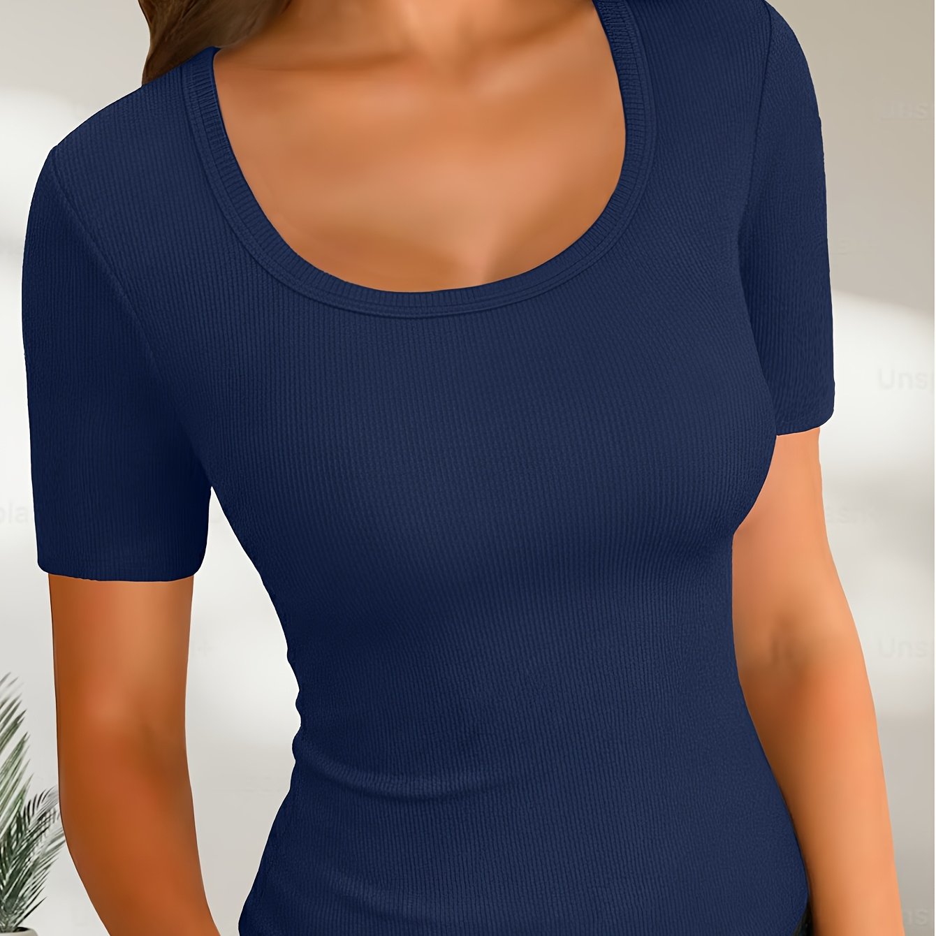 TEMU Women' Color Slim-fit Mid-sleeve T-shirt, New 2026 Summer Style Suitable For Daily Wear, Blue