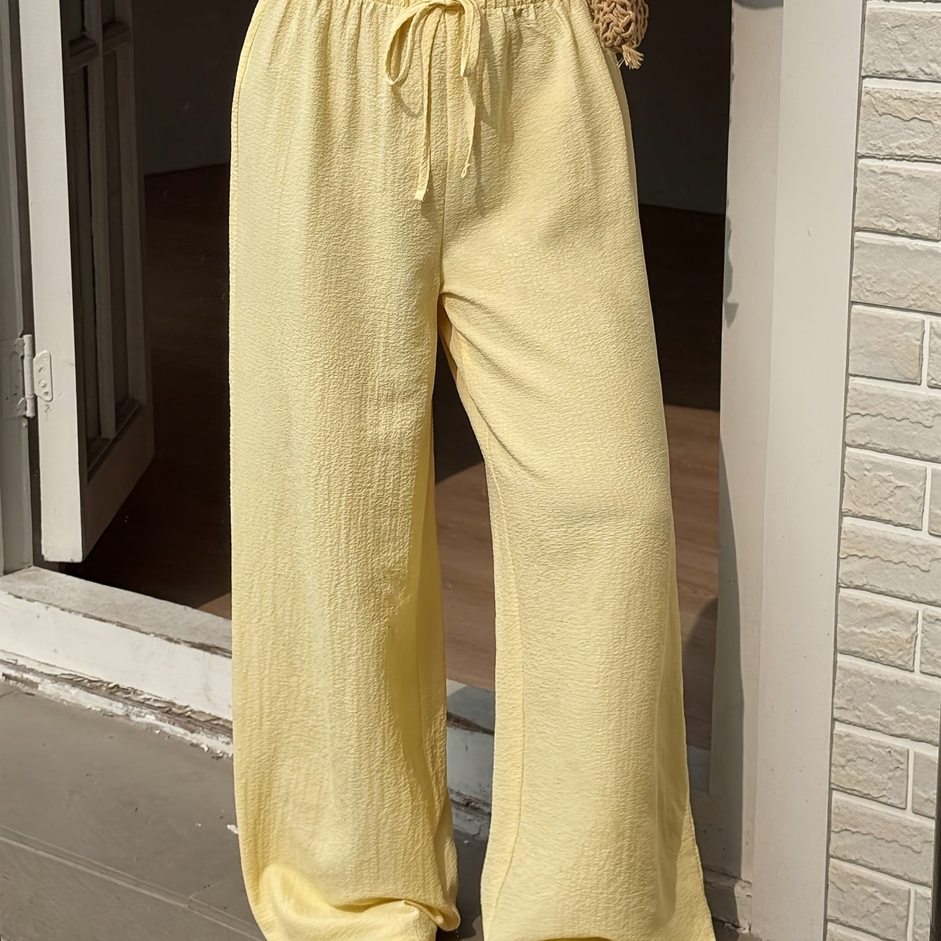 TEMU Fashionable Women's Casual Vacation Travel Drawstring Straight-leg Pants, Yellow, Versatile And, Fabric, Spring And Summer