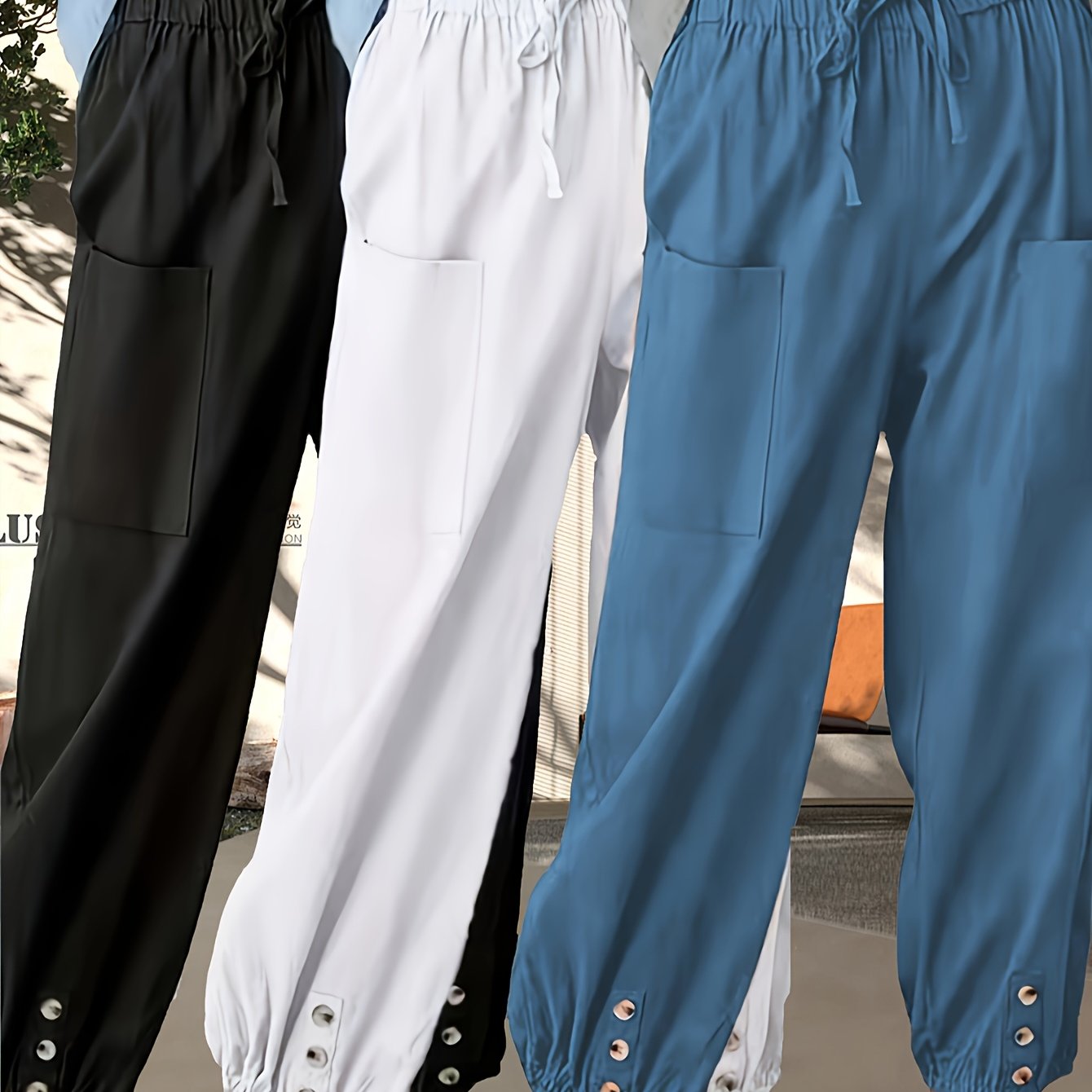 TEMU Plus Size, 3pcs 3pcs Men's & Women's Oversized Linen Wide-leg Trousers - Elastic Waist High-waisted Pants With Belt Pockets, Large Size Nine-