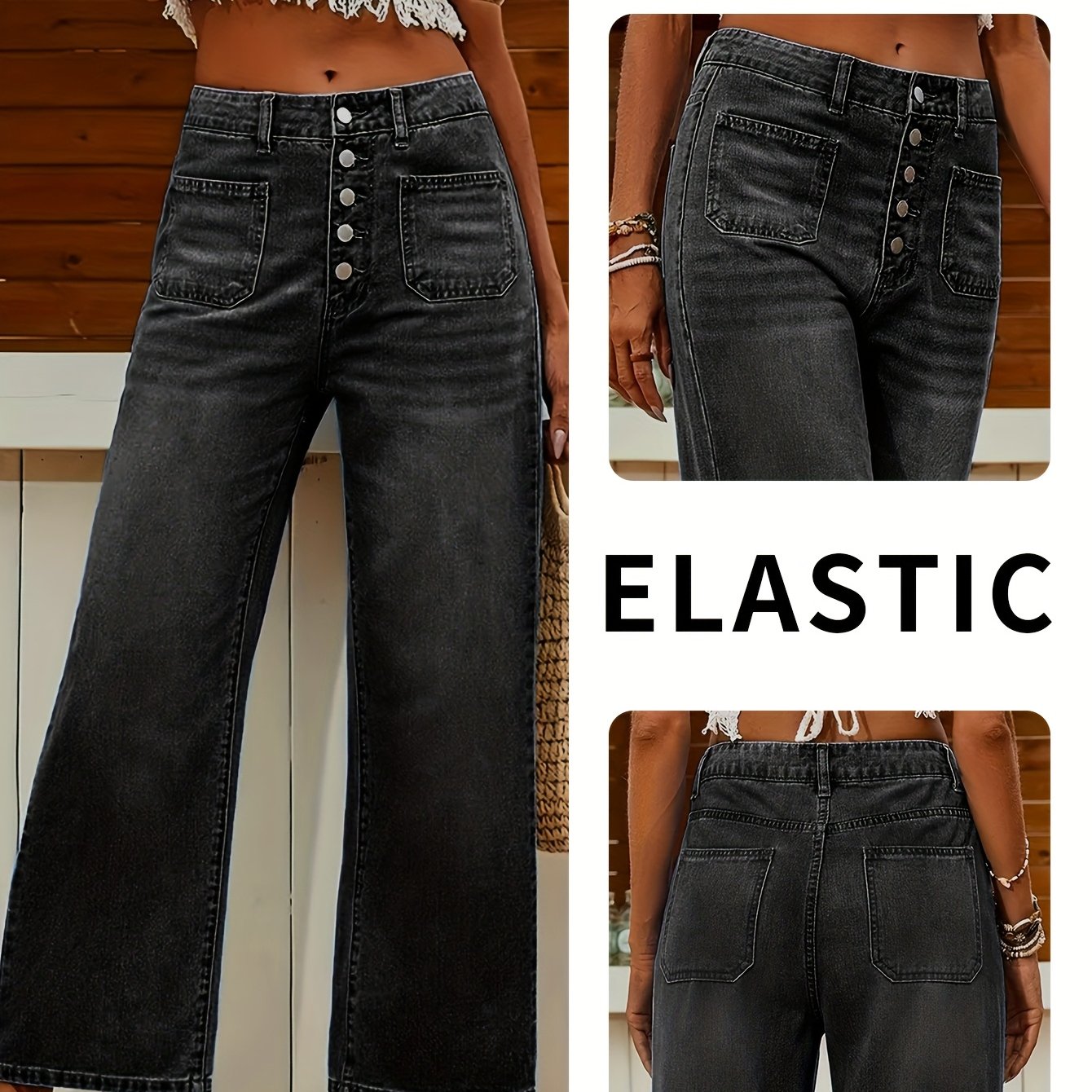 Stretch Button-up Straight-leg Wide-leg Jeans