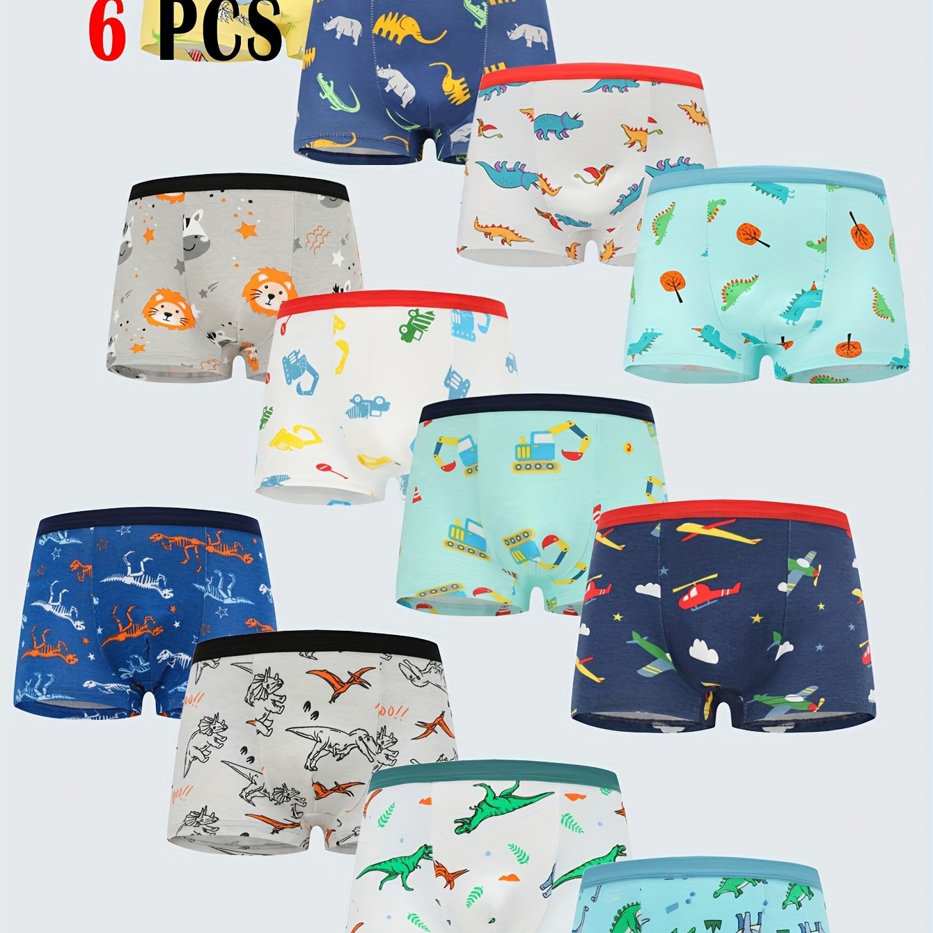 6pcs/random Pattern Boys' Boxer Briefs With Cartoon Dinosaur Print