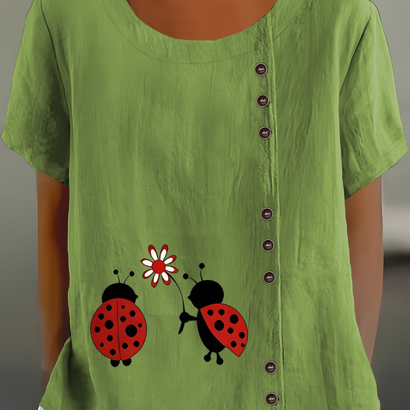 TEMU European And American Popular Loose Creative Letter Bohemian Floral Pattern Button Round Neck Women's Short-sleeved Shirt, Round Neck