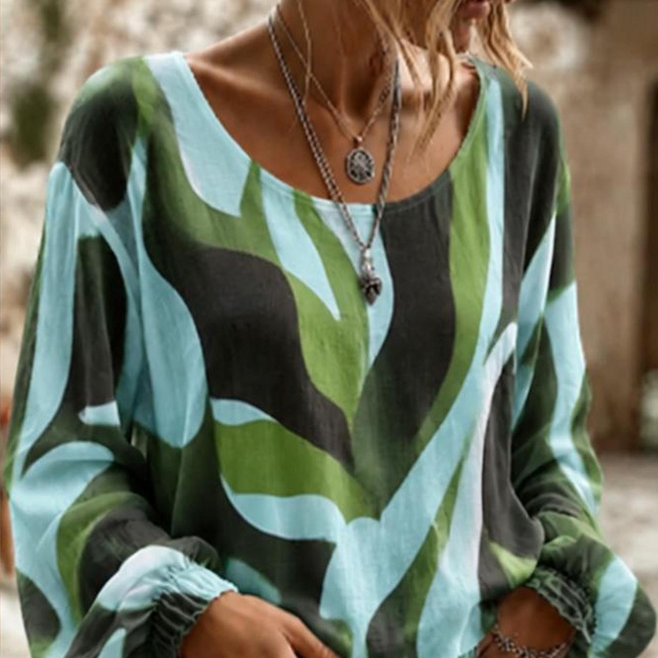 Plus Size Women's Round Neck Full Printed Shirt Boho Oversized Round Neck Blouse With Leaf Print Dyed Blouse, Loose , Women's , Perfectly Pairs With Jackets, Jeans, And Leggings, For Summer Wear