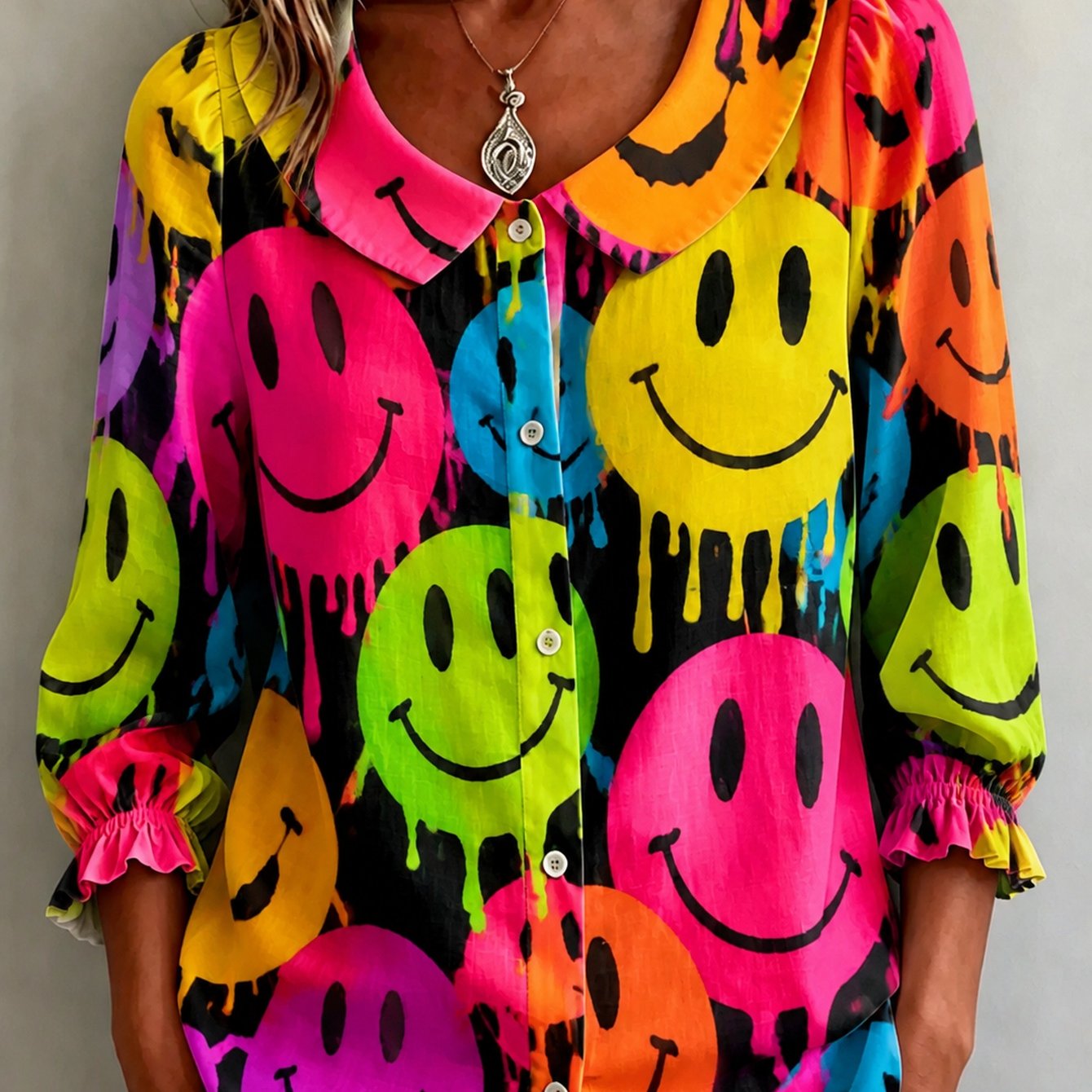 Image of Plus Size, (print Design- Texture Free) New Arrival Women' Collar Three-quarter Sleeve Shirt With Print Of Neon Drip Base Comfortable And Breathable Casual Ideal Gift For Women(only The Shirt)