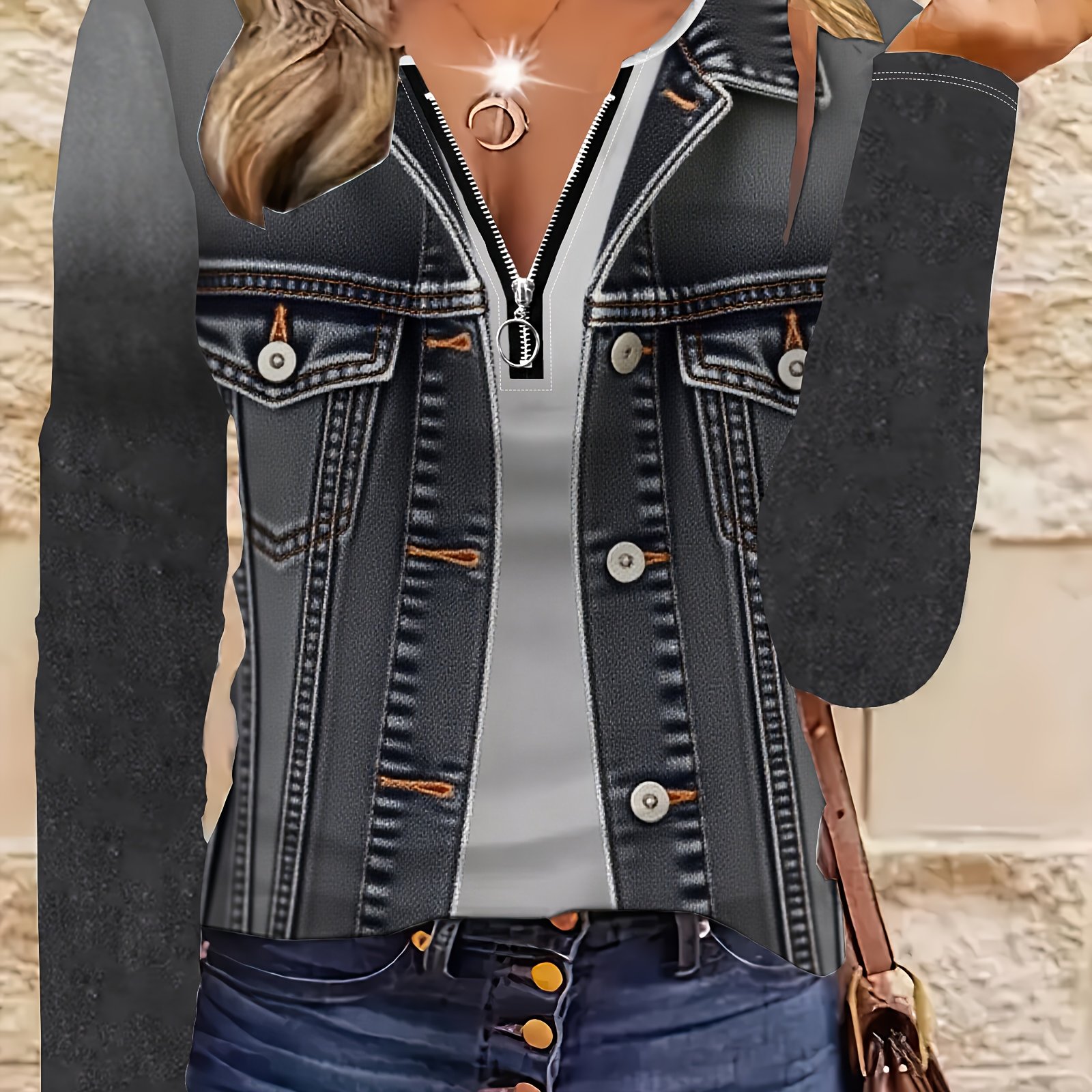 TEMU 【imitação denim】[imitação Denim][ Denim Print/Imitação Denim] Jaqueta de Imitação Denim com Zíper para Mulher - Manga Longa V-Neck Estampa de