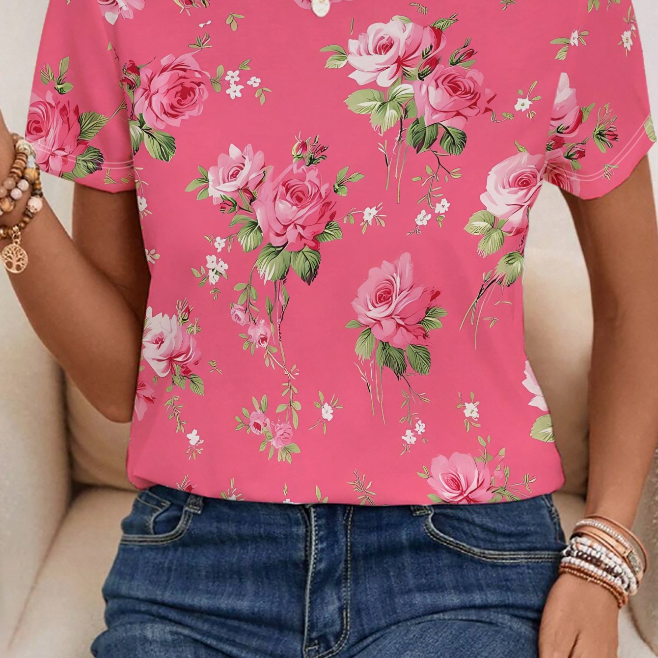 TEMU New Summer Women's Short-sleeve T-shirt In Stylish Pink With Rose Print, Perfect For Commuting And Versatile, Made Of