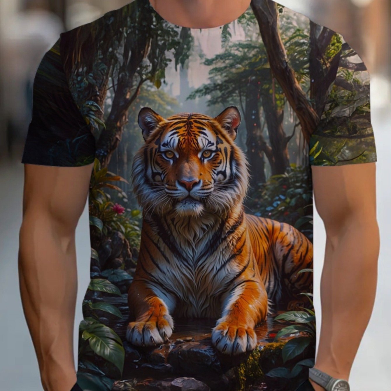 TEMU Men's T-shirt - Lightweight Breathable Polyester Short Sleeve Shirt With Tiger Print, Round Neck Outdoor & Casual Attire Suitable For Camping,