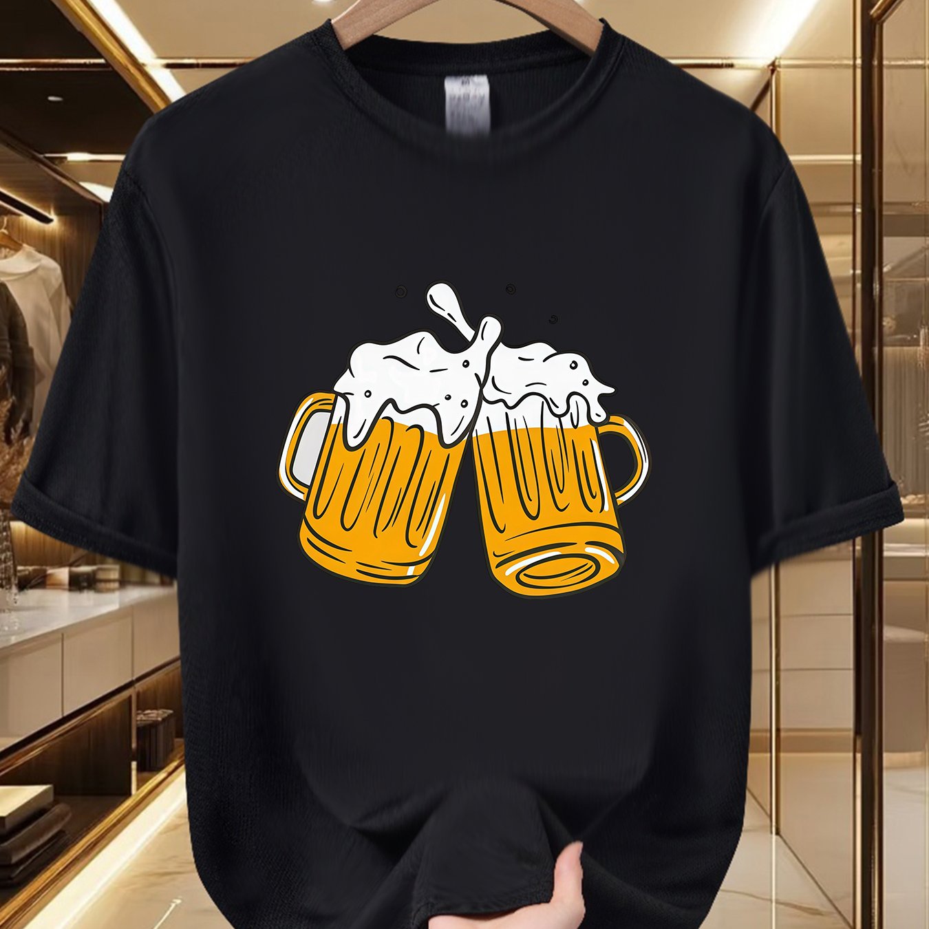 TEMU Men's Beer Mug Graphic T-shirt - 100% Polyester Soft Breathable Crew Neck Short Sleeve Shirt With Beer Suitable For Parties, Casual Wear & Beer