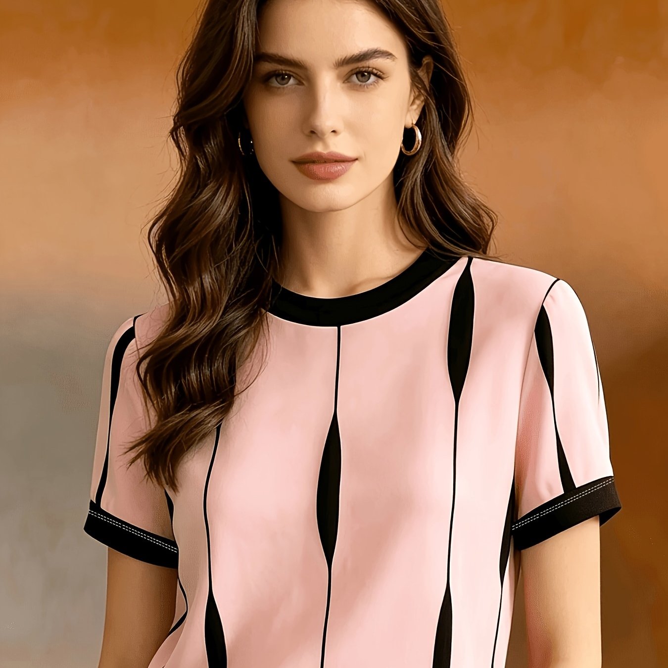 TEMU Summer Women's Short-sleeve T-shirt, Contrast Color Crew Neck Short-sleeve Casual Top