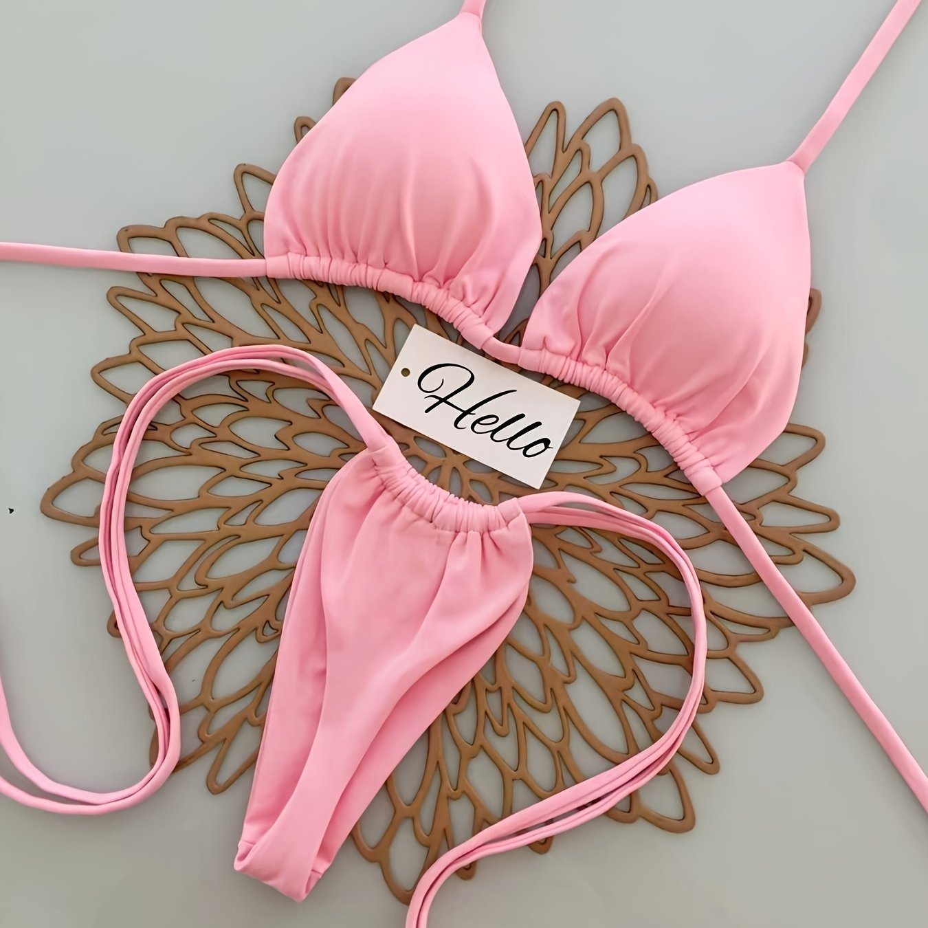 TEMU Ladies' Stylish Bikini Swimwear, -piece Solid Color Set For Spring And Summer, Featuring A Tie-back Triangle Top And Thong Swimsuit, Perfect For