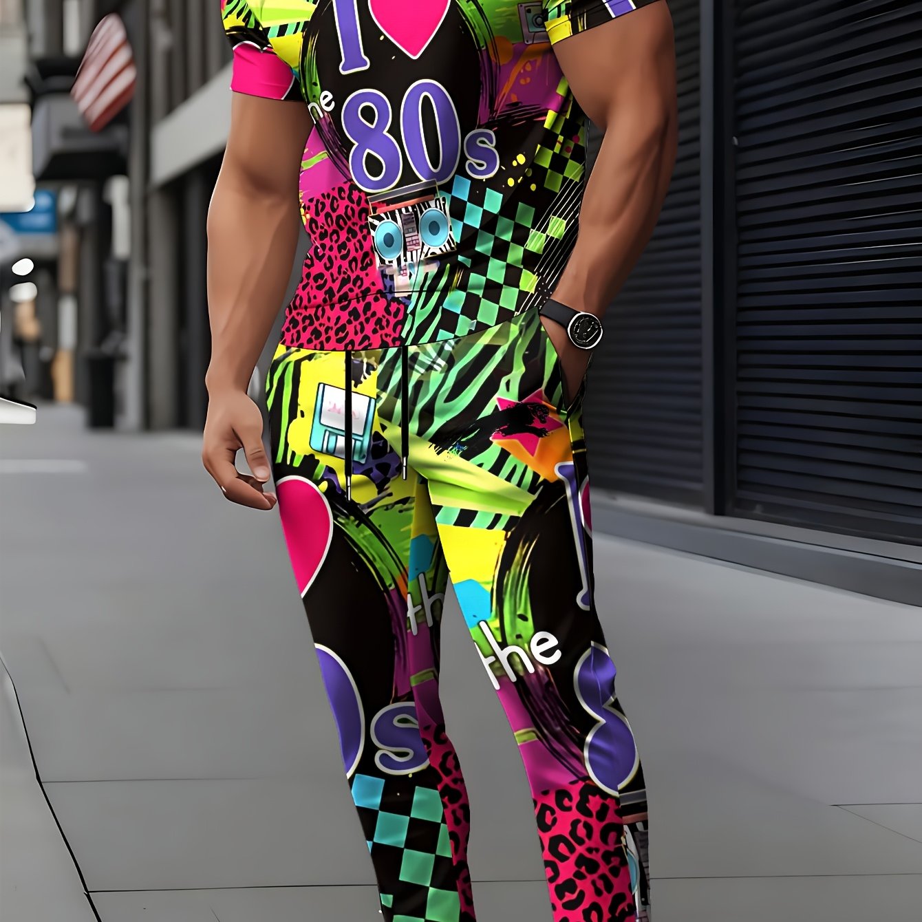 TEMU Men's Spring Summer Breathable Two-piece Set, Round Neck Short Sleeve Top And Drawstring Long Pants, High Definition Creative Print, Casual