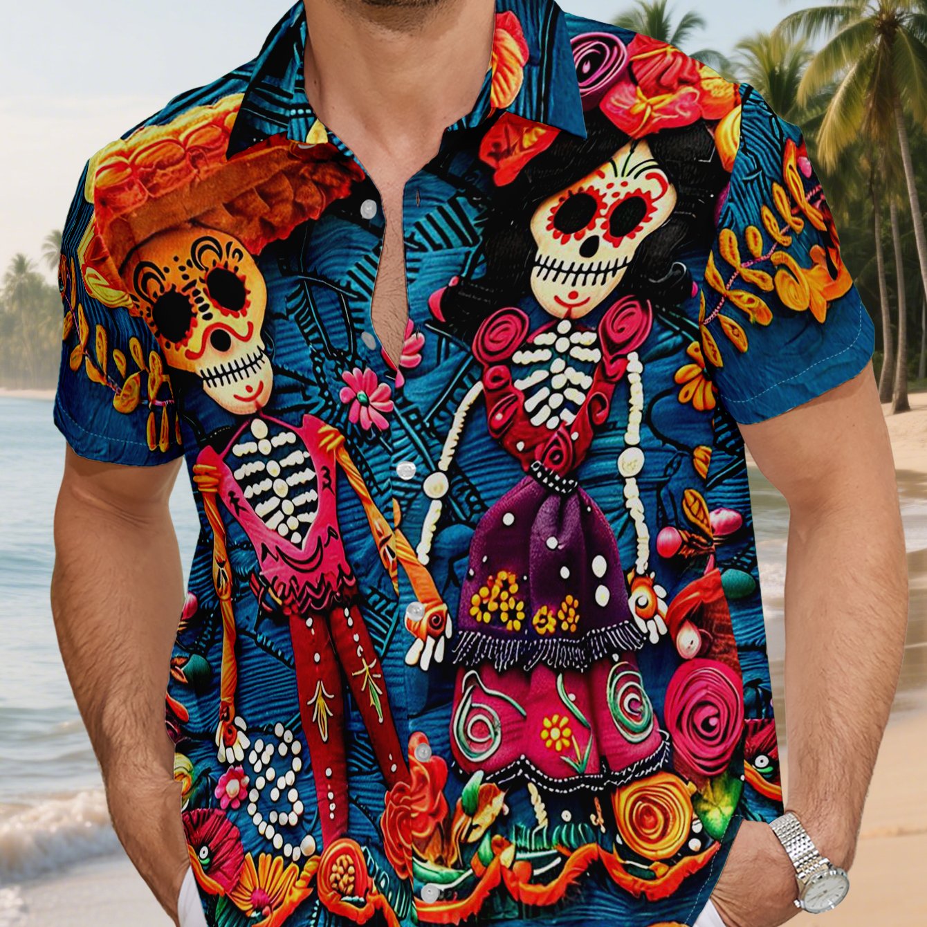 TEMU 【商品名】メンズ ルーズ 半袖シャツ。メキシコの死者の日（デー・オブ・ザ・デッド）のスタイルが際立つ。鮮やかな青い背景に、花柄が飾られた骸骨のカップルが描かれています。季節の旅行やアウトドアレジャーに最適です。