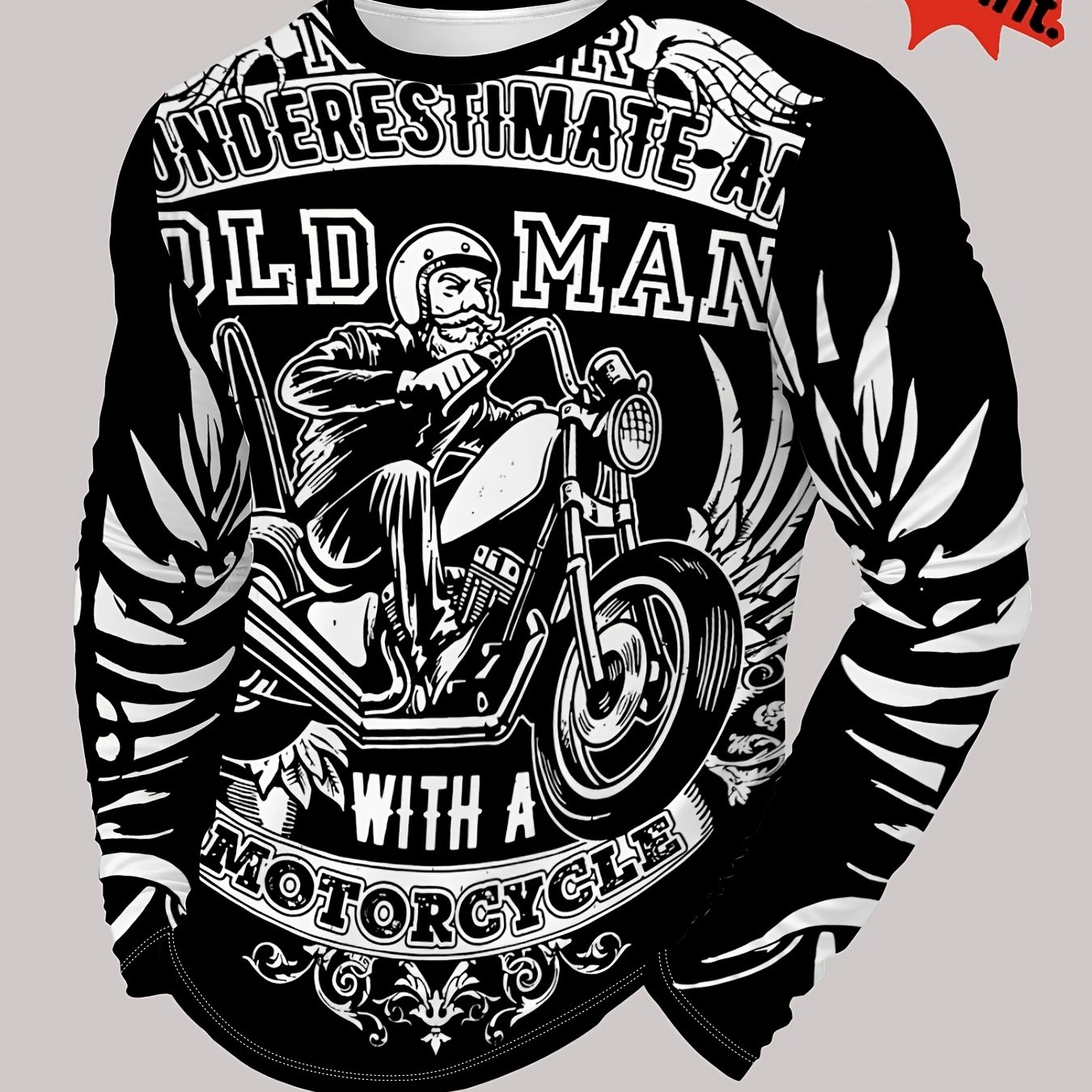 TEMU [printed Design - Not Textured//sequins] Black Long Sleeve Shirt, Printed With "don't Old Men Riding Motorcycles" And A Motorcycle Old Man, Plus