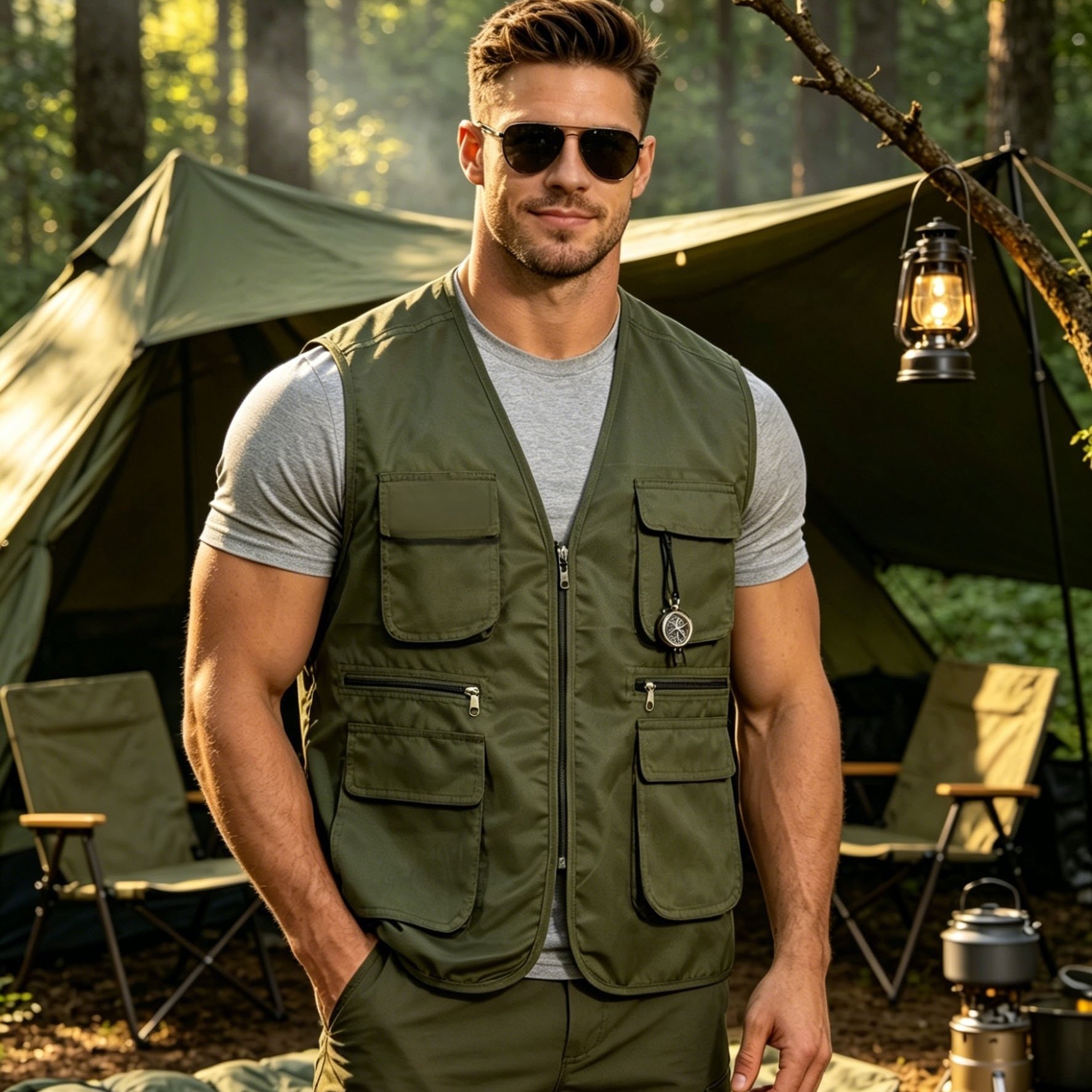 TEMU Chaleco cargo de hombre con cuello en V y múltiples bolsillos, chaleco de moda para exteriores resistente al y a las bolitas, chaleco sin para