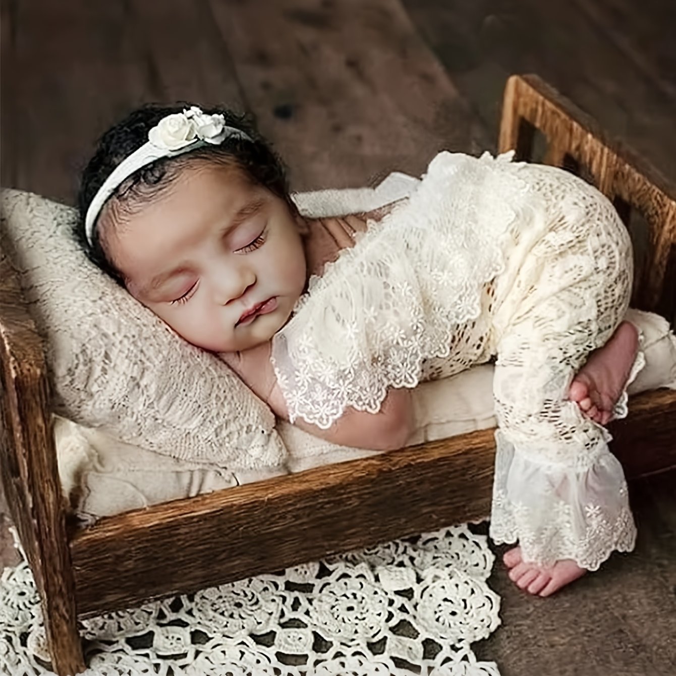 Image of 2pcs Newborn Lace Jumpsuit And Flower Headband Baby Knitted Lace Sleeveless Climbing Suit Set Baby Photography Clothes Hd15, Book Week Costume, Halloween Costumes For Kids