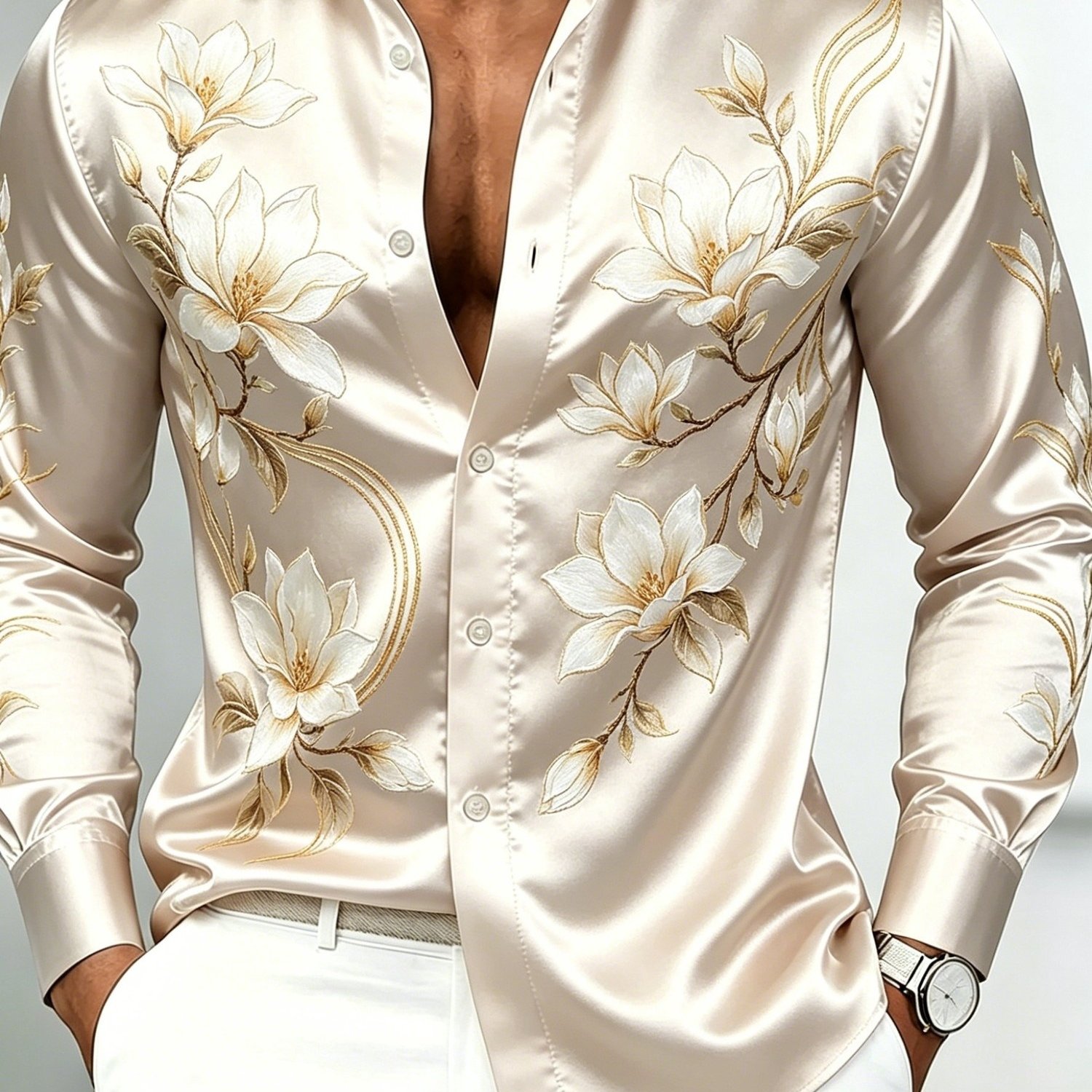 Image of Men's Long Sleeve Floral Shirt In Soft Beige With Elegant White Print, , Bohemian Look, Wear, And Retro Fashion Trends
