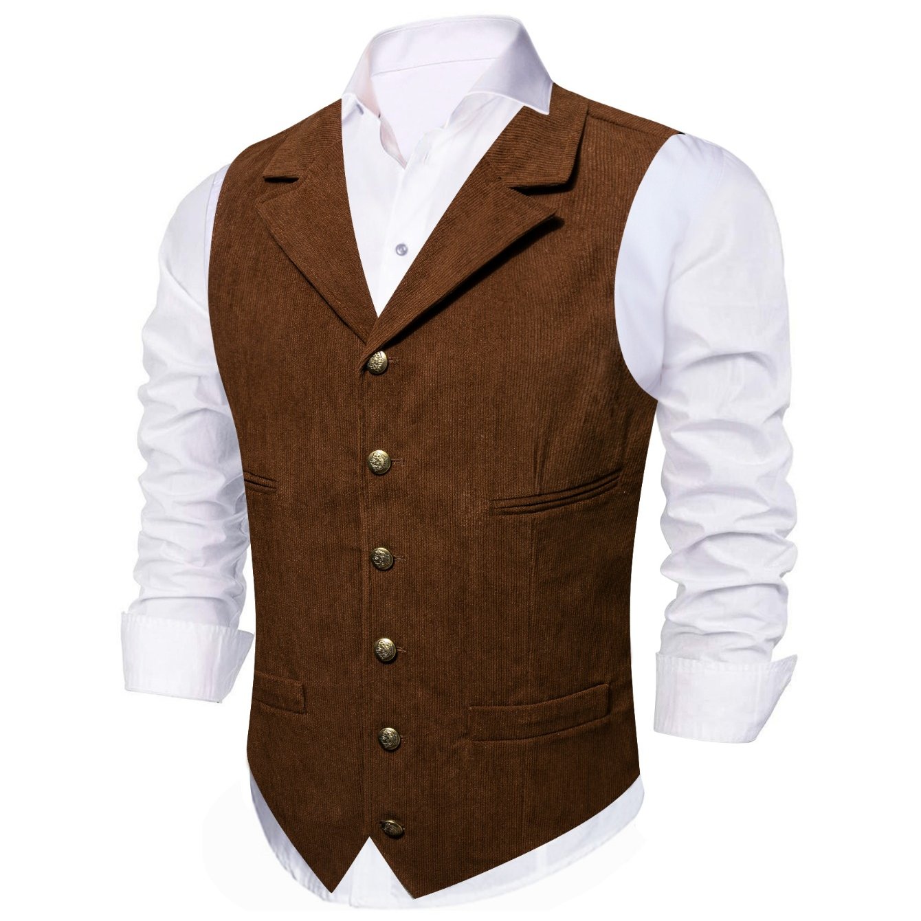 Image of Men' Brown Notch Lapel Waistcoat, Classic Single Breasted Dress Vest With Bronze Buttons For Wear