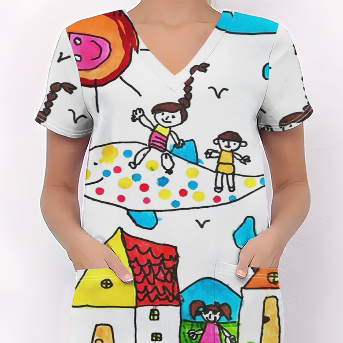 TEMU Women's Stylish V-neck Short-sleeve Scrubs With Pockets, Featuring Cartoon Elements, Breathable And , Suitable For Everyday Use In . The Fabric