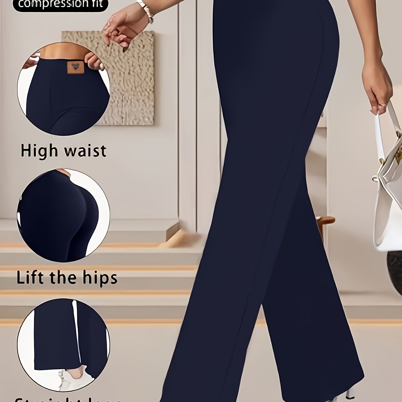 TEMU Pantalones de talla grande para mujer, de color liso, de corte entallado y pierna elásticos, leggings de cintura con decoración de de ,