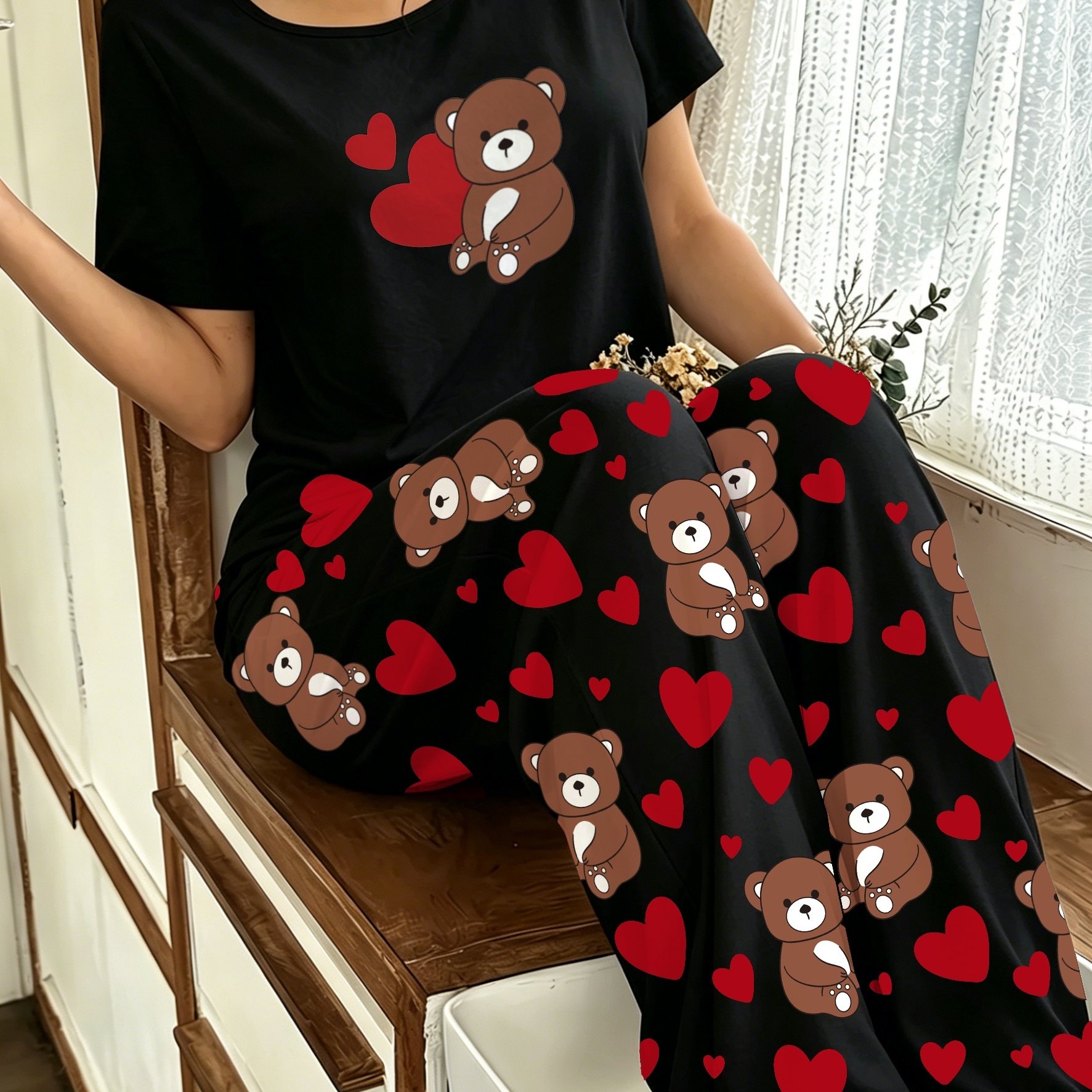 TEMU Women's Casual Bear Heart Print Short Sleeve Round Neck T-shirt And Full Print Bear Heart Long Pants Pajama Set