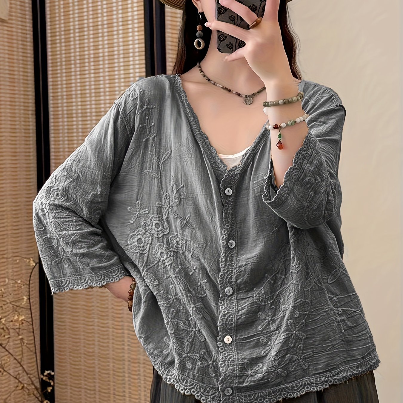 Image of 25 Autumn/winter V-neck Embroidered Three-quarter Sleeve Women's Yoseki Style Soft Versatile Blouse Cardigan Artistic Shirt Top