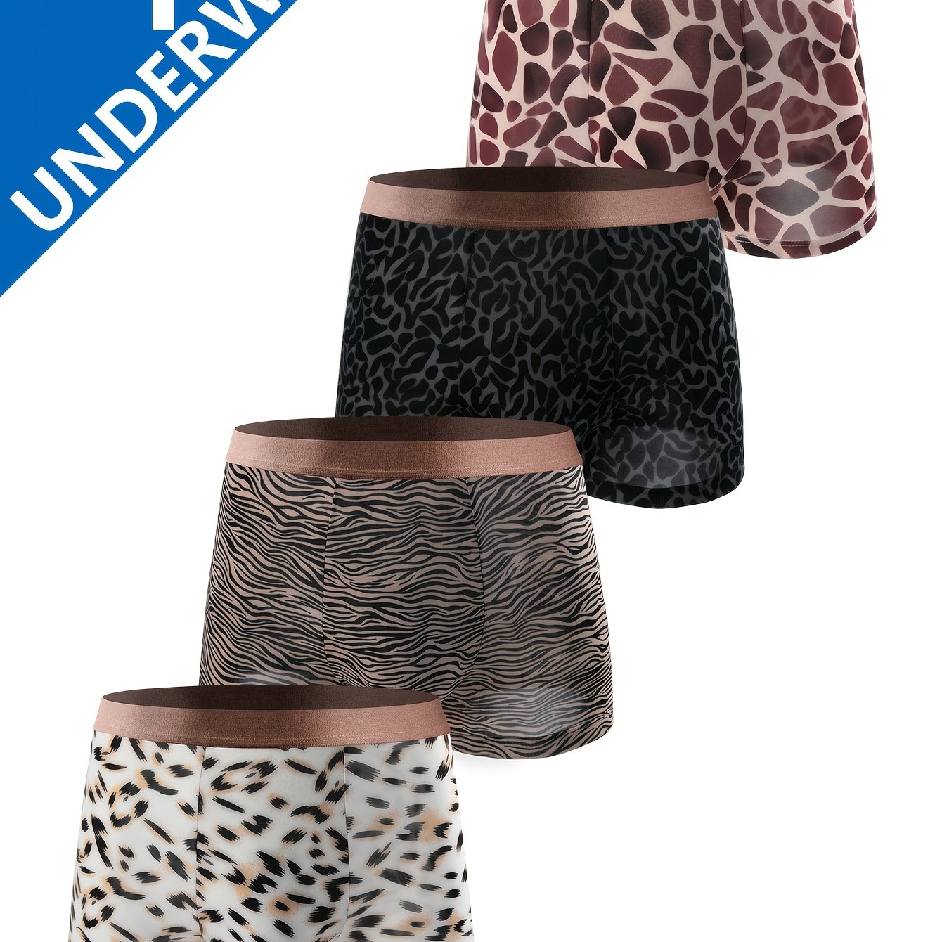 TEMU Set Of 4 Men's Leopard Pattern Boxer Shorts, Trendy And Cozy Undergarments