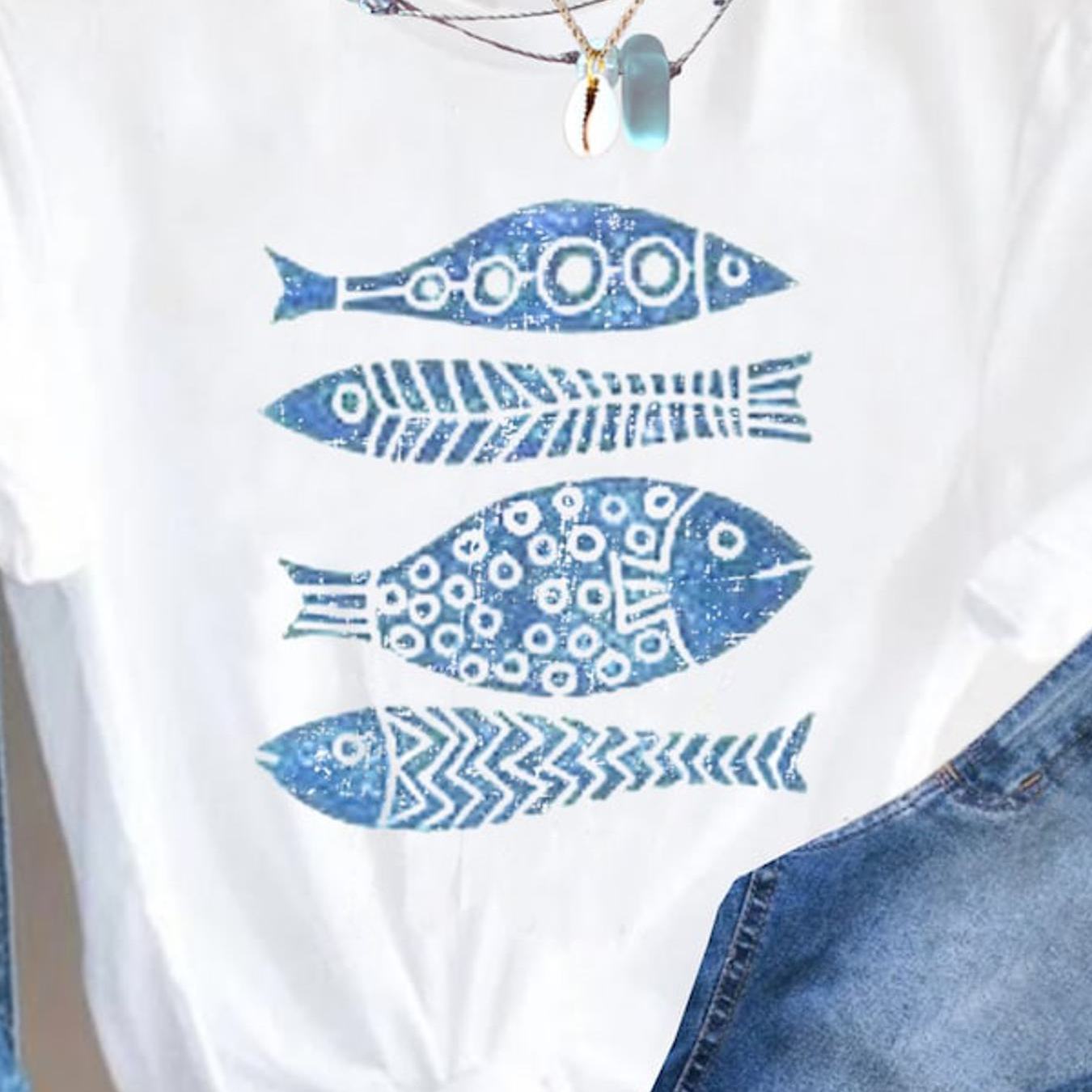 Fish Print T-shirt Boho Beach Vacation, Plus Size