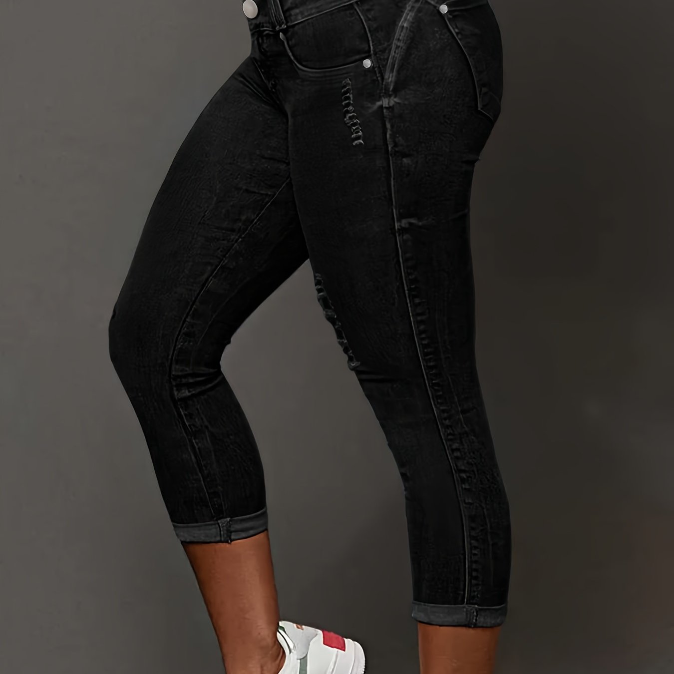 S High-stretch Denim Capris, Featuring A High-waist Double-button Design For Flawless . The Hem And Waist-lifting Seam Create A Sexy Silhouette, Unlocking To Trendy Style! Dual-tone Black