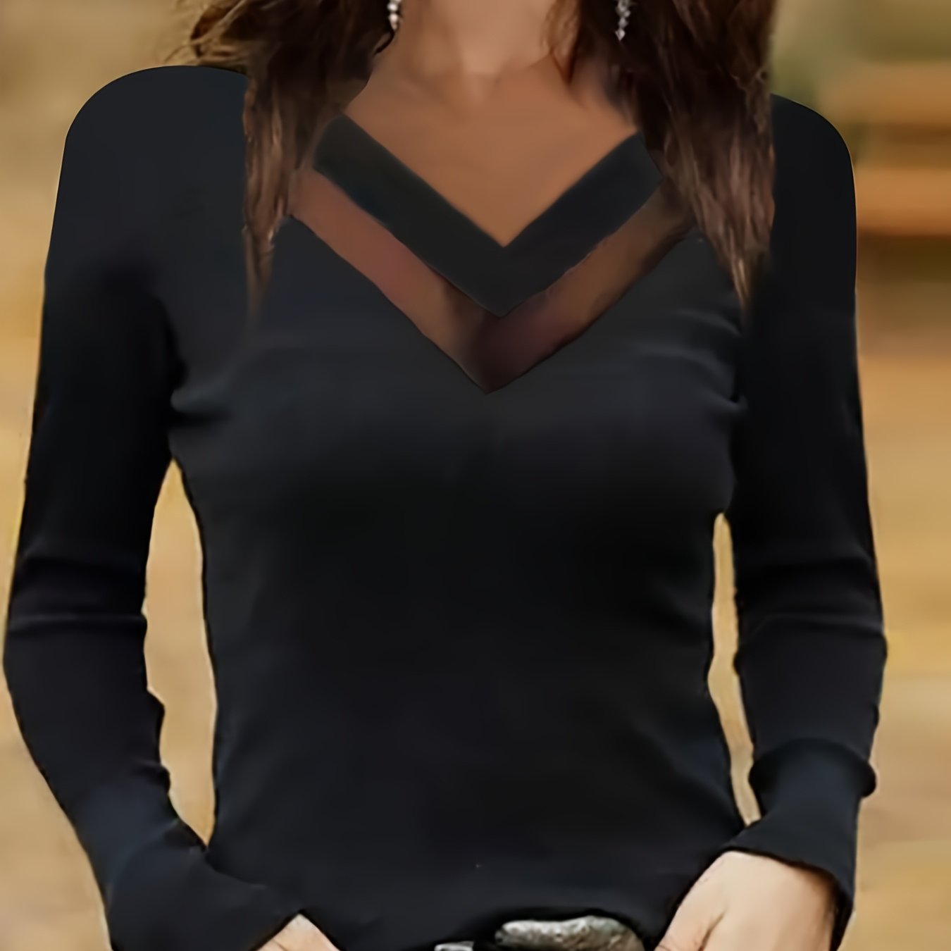 TEMU Top da donna ed elegante con scollo a rete e scollo a V, maniche lunghe