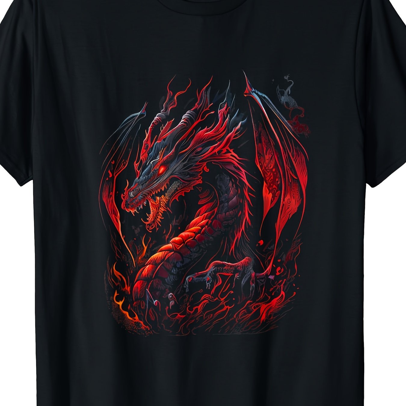 TEMU Men's Red Dragon Graphic T-shirt - Black Casual Short Sleeve Tee With Vibrant Dragon Artwork, Machine Washable, Round Neck Design, Plus Size, ,