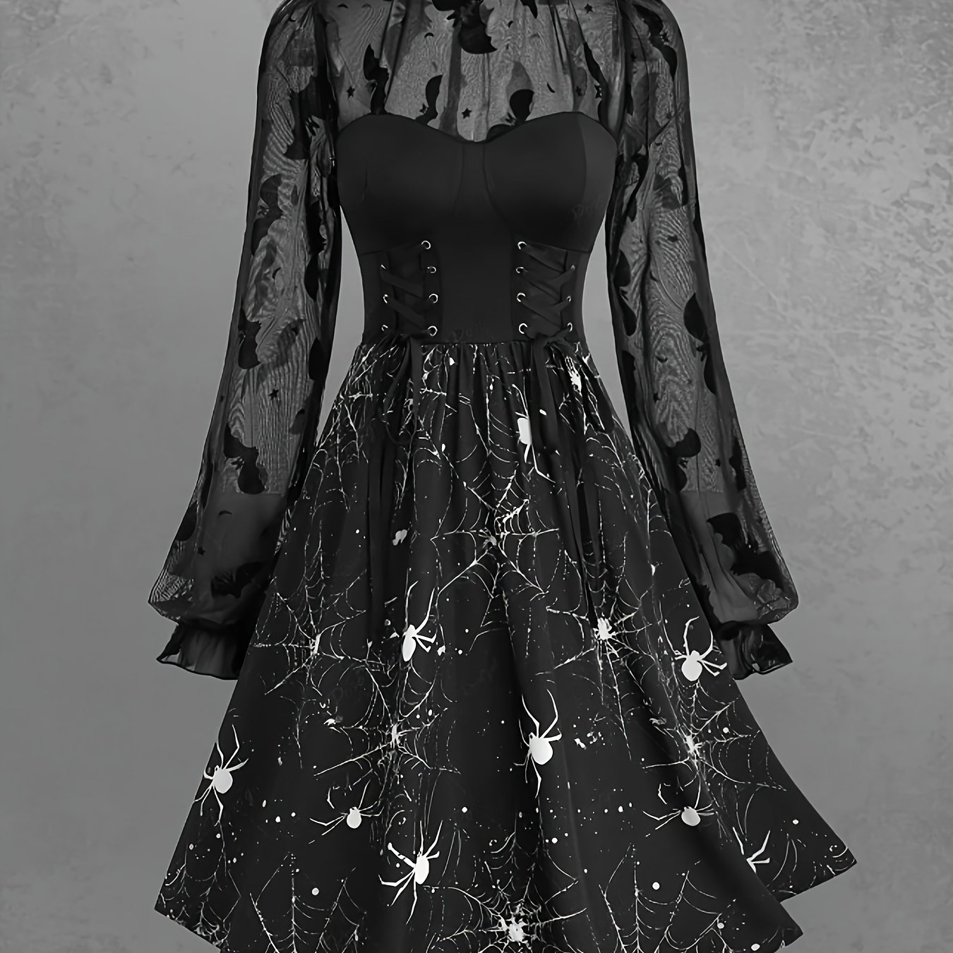 TEMU Grande Taille - Grande Taille - Robe trapèze à manches longues en velours de chauve-souris avec lacets et imprimé toile d'araignée gothique pour