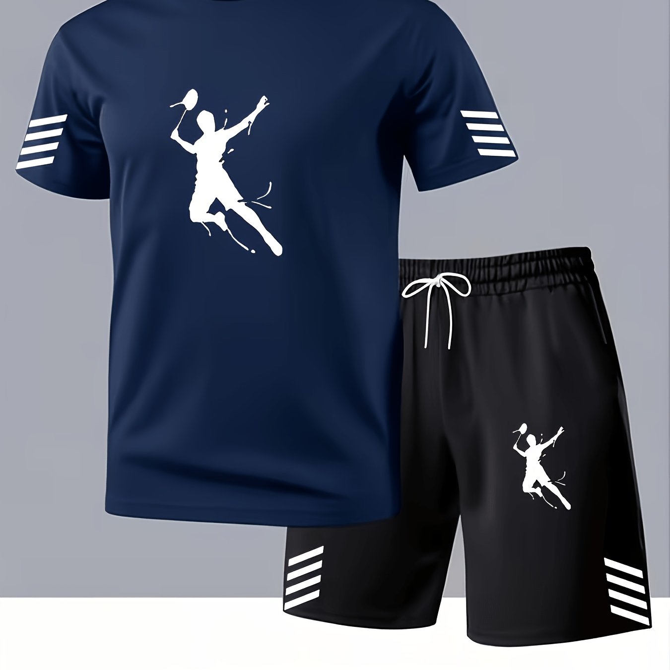 TEMU Badminton Sport Series Printed Pattern Fashionable Trendy Men's Sports Short Sleeve Shorts Set, Essential For Gym And