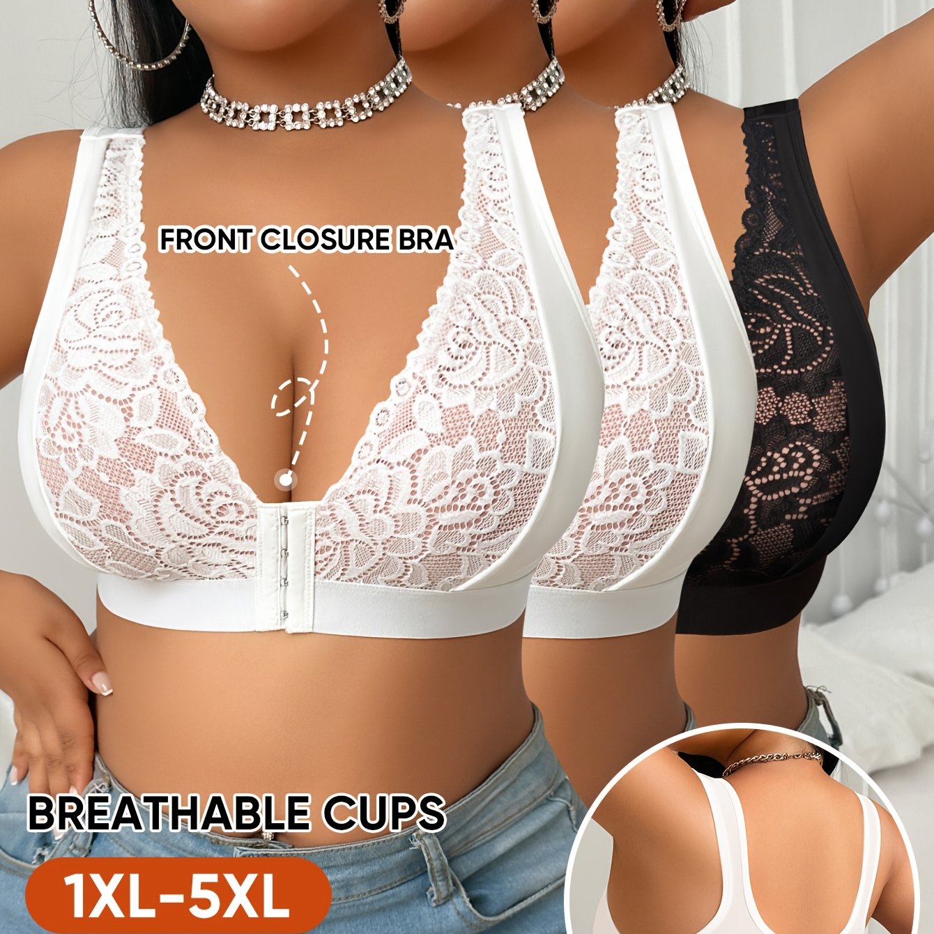 3pcs Women's Plus Size Wire-free Bras With Front Closure, High Elasticity, Breathable, Gathering And Lifting, Lightweight Without Pads
