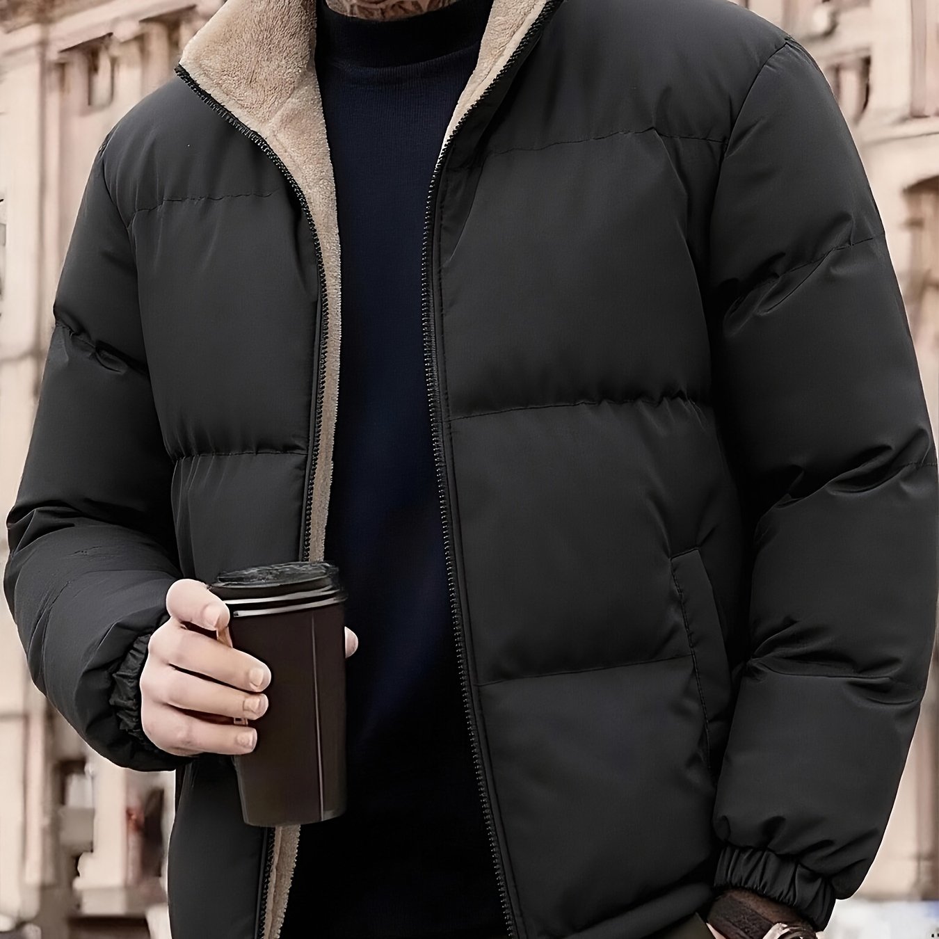 TEMU Veste Épaissie à Col pour Homme avec Doublure, Vêtement d'Extérieur à Fermeture Éclair, Veste Style Décontracté avec Poignets Élastiques,