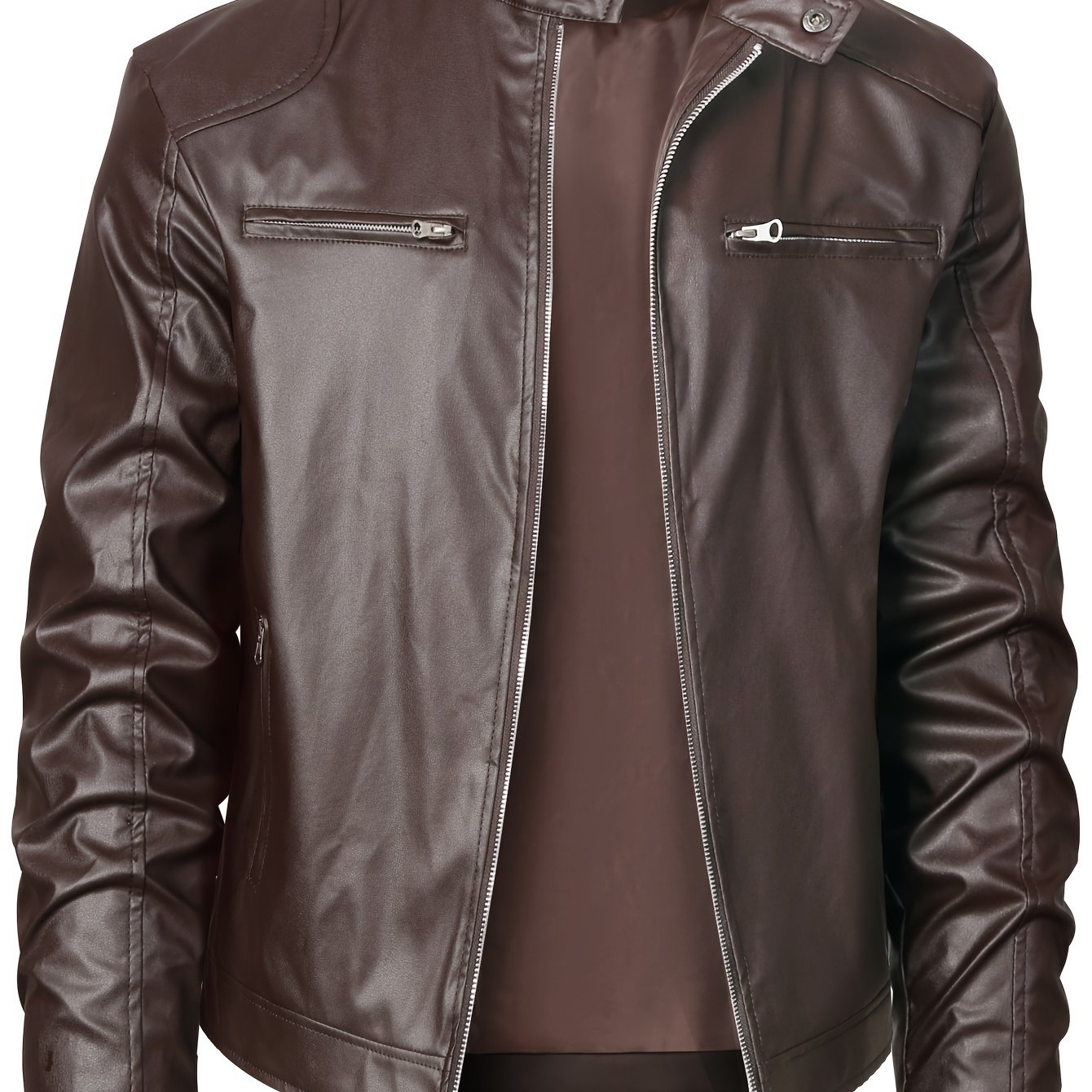 TEMU Men's Pu Leather Jacket With Zippered Pockets, Men' Zip Up Motorcycle Jacket For Autumn & Winter