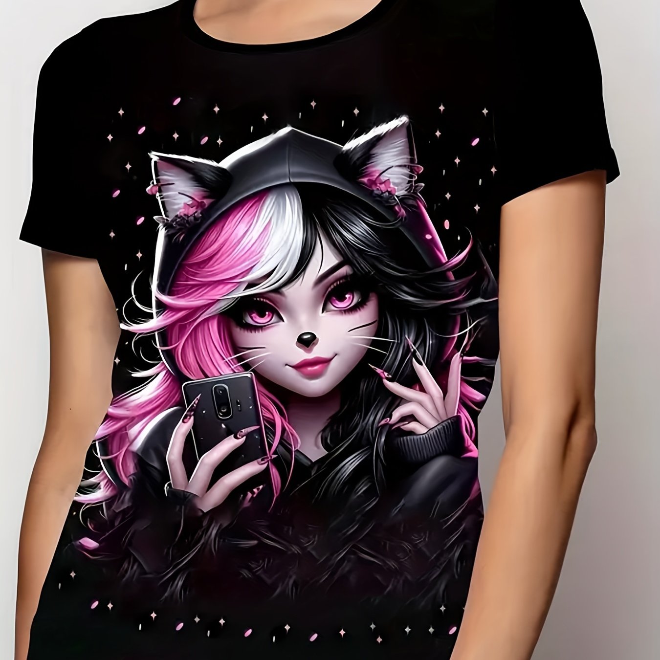 Image of Men's Anime 3d Graphic T-shirt - Black With Hair Character Print, Round Neck Short Sleeve Casual Streetwear Top, Fit For Daily Wear & , Durable Anime Style Shirt For Men