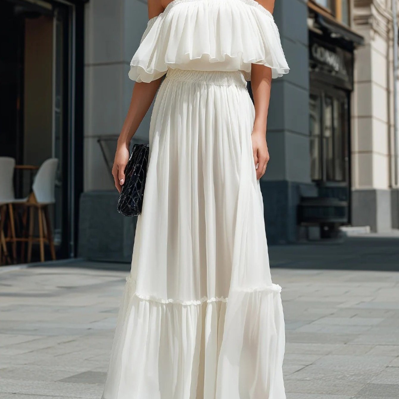 -the-shoulder Ruffle Top + Multi-layered Large Swing Midi Skirt Women's Set | Fairy, , Suitable For Vacation Dates & Party Dinner Looks