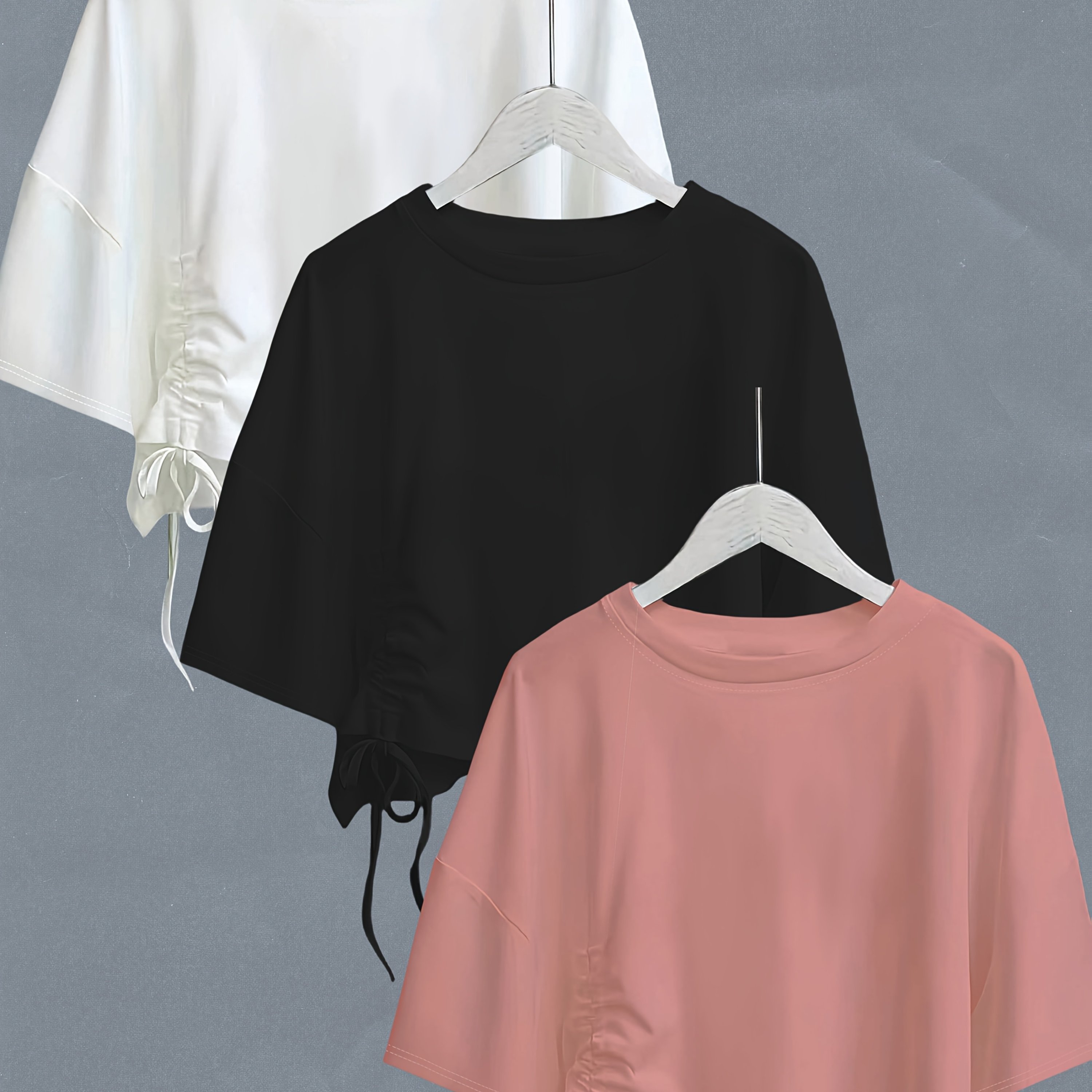 TEMU 3pcs Women's Round Neck Drawstring Short Sleeve T-shirt