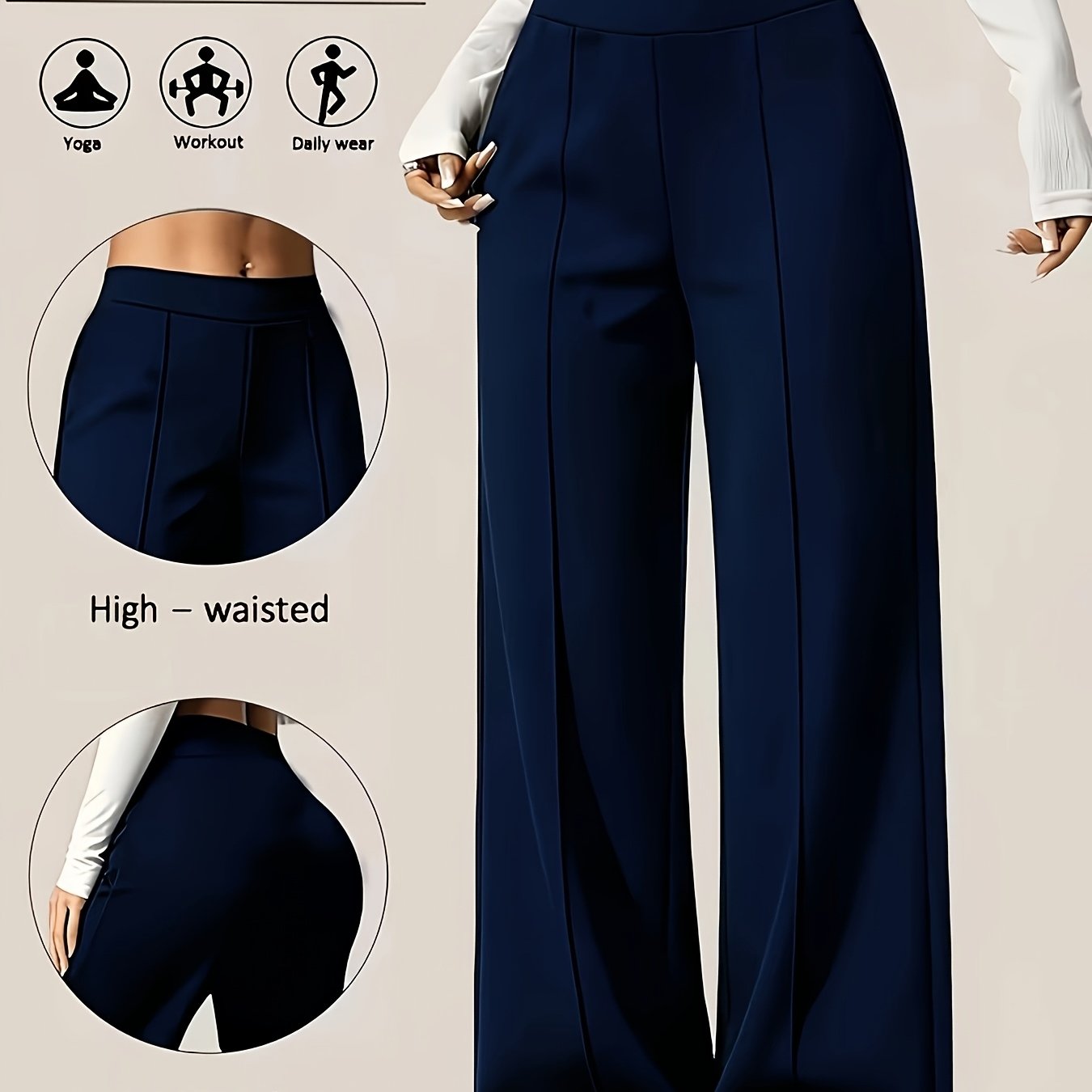 TEMU Plus Size, Women's Tummy Control Wide-leg S Pants - Solid Color Non-see-through Stretchy Wide-leg Straight-leg Suitable For,,, Casual Attire -
