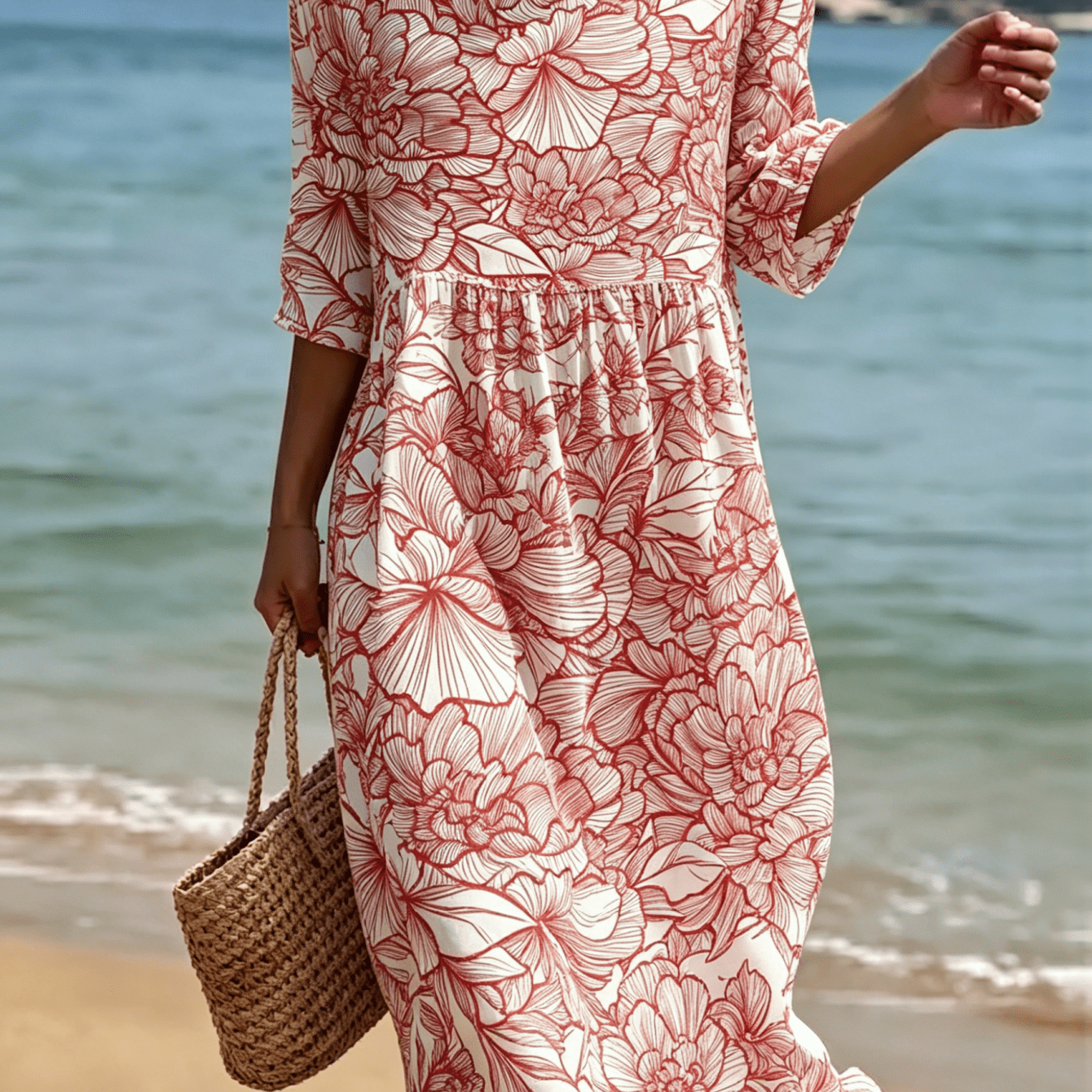 Image of 2026 New Women's Dress Hand Drawn Flowers Casual Round Neck Summer Dress Suitable For Beach Vacations Summer Carnivals Everyday Wear And Weekend Machine Washable